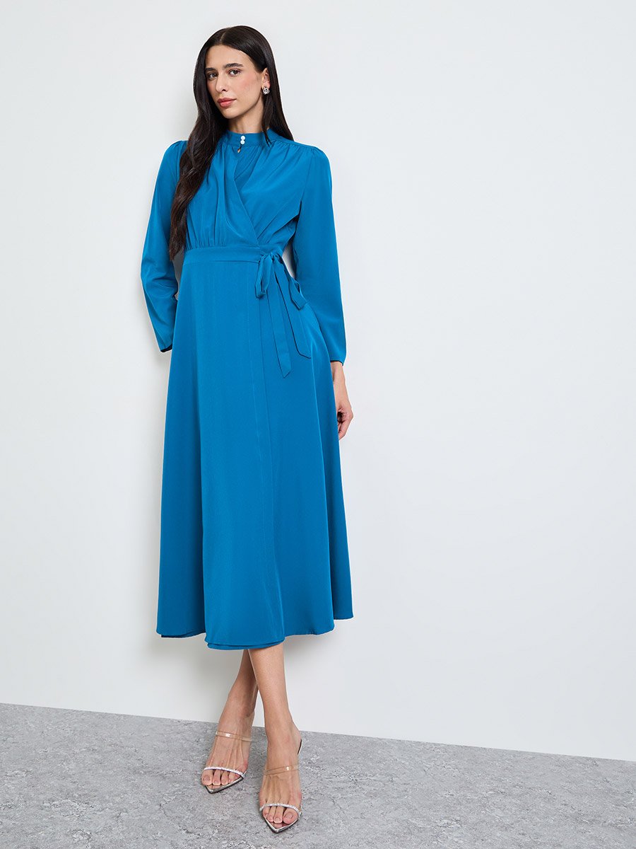 Blue Long Sleeves Wrap Midi Dress