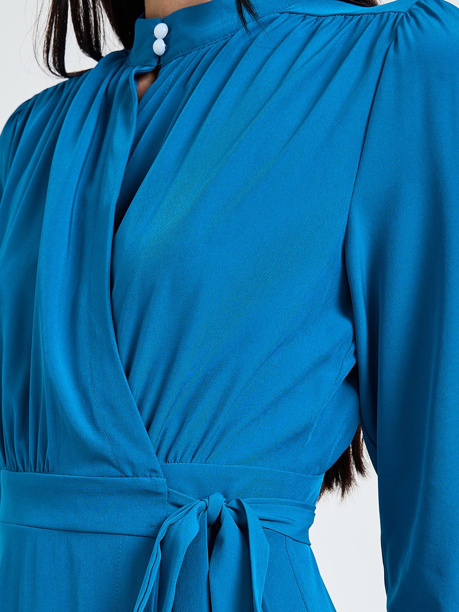 Blue Long Sleeves Wrap Midi Dress