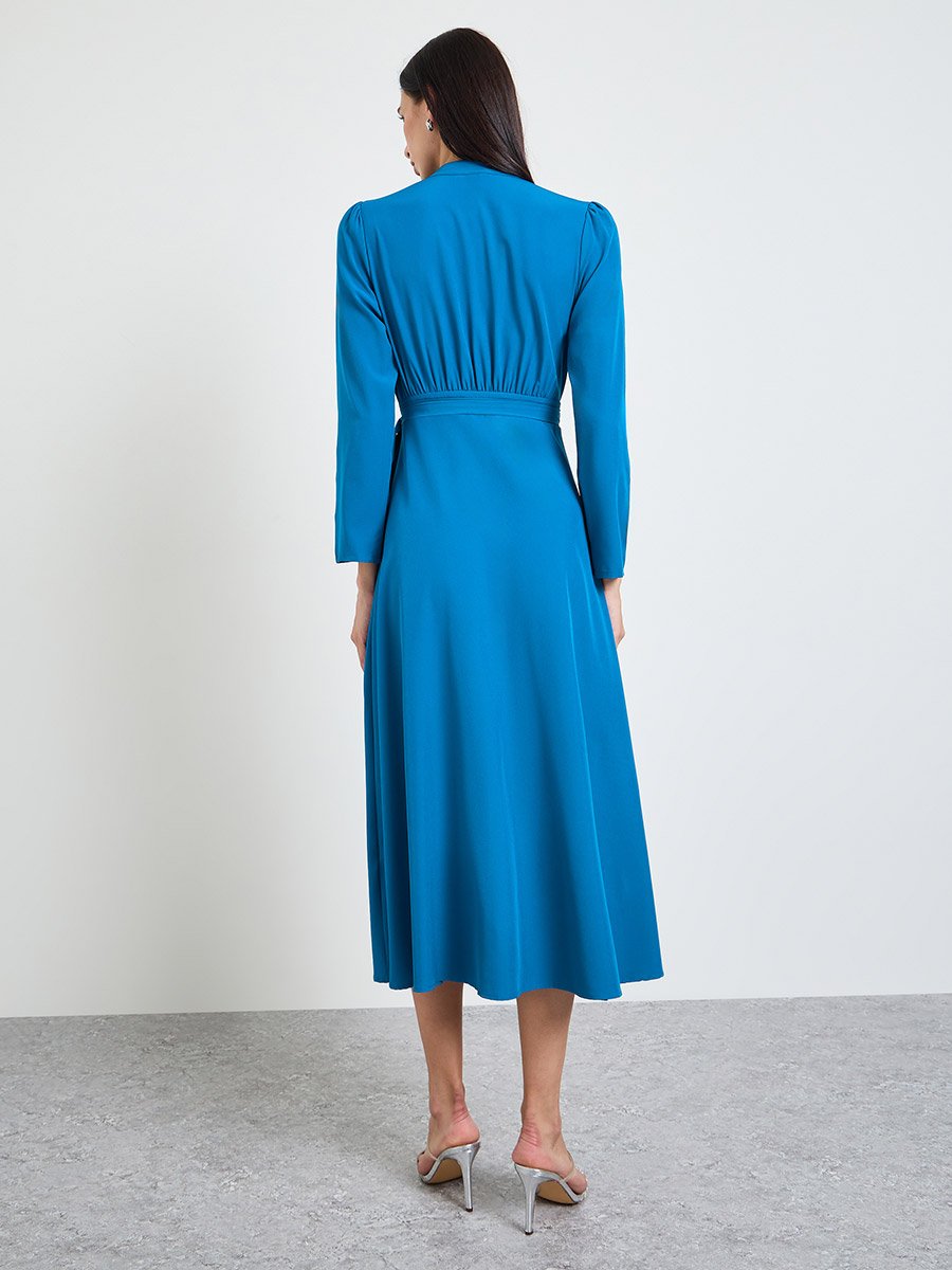 Blue Long Sleeves Wrap Midi Dress