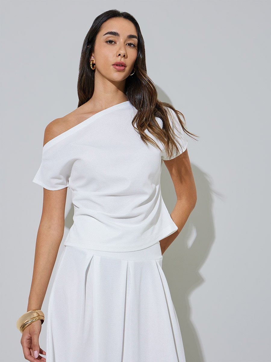 White Asymmetric Neck Top and Skirt Co-ord Set
