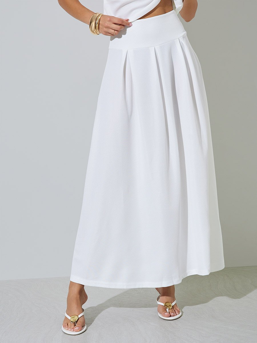White Asymmetric Neck Top and Skirt Co-ord Set