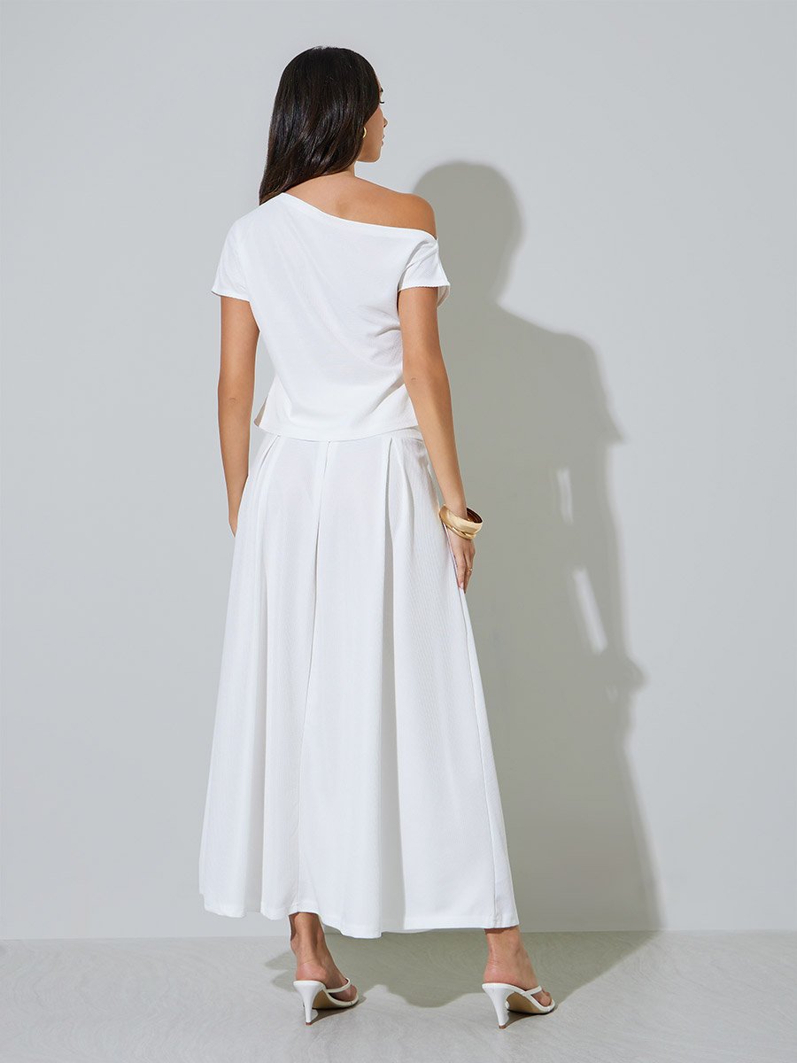 White Asymmetric Neck Top and Skirt Co-ord Set