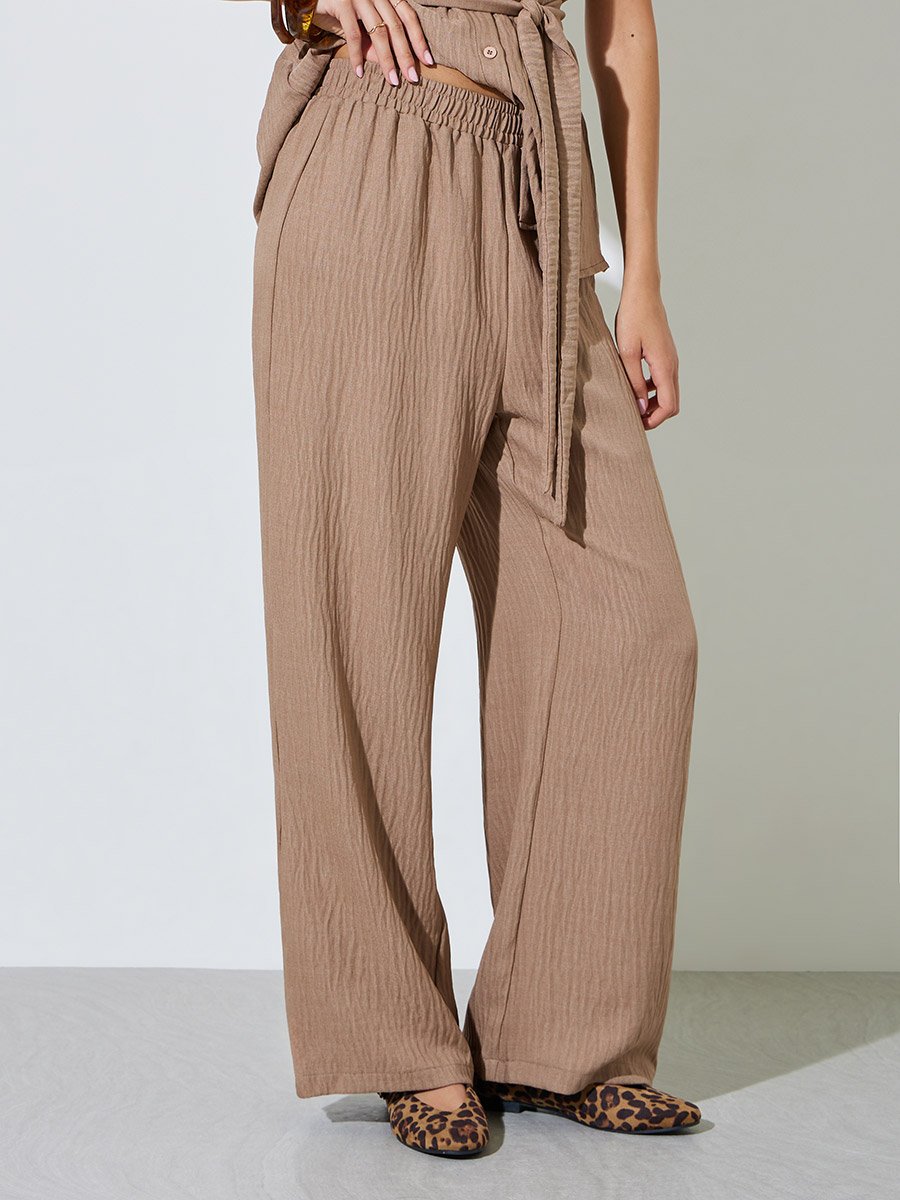 Brown Crinkle Tie-Belt Shirt and Pants Co-ord Set
