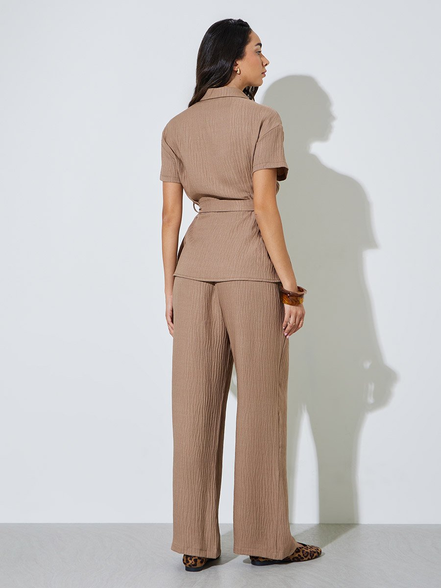 Brown Crinkle Tie-Belt Shirt and Pants Co-ord Set