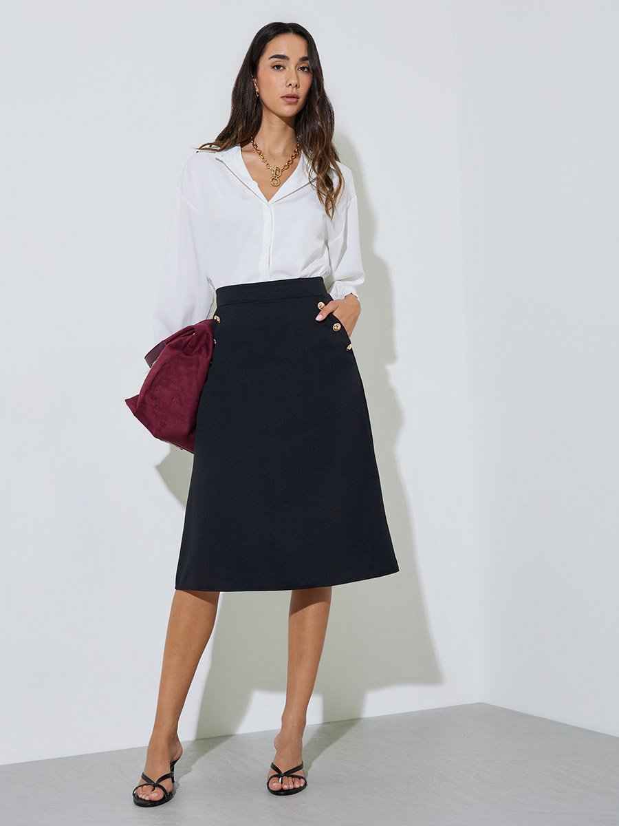 Black A-Line Midi Skirt with Button Detail