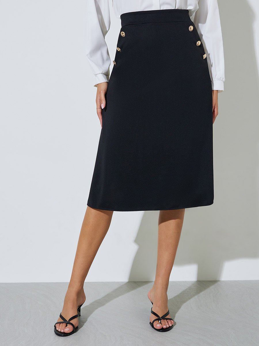 Black A-Line Midi Skirt with Button Detail