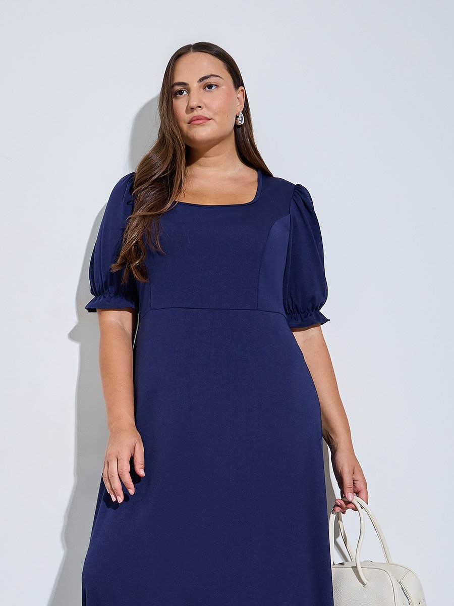 Plus Size Navy Blue Puff Sleeves A-Line Maxi Dress