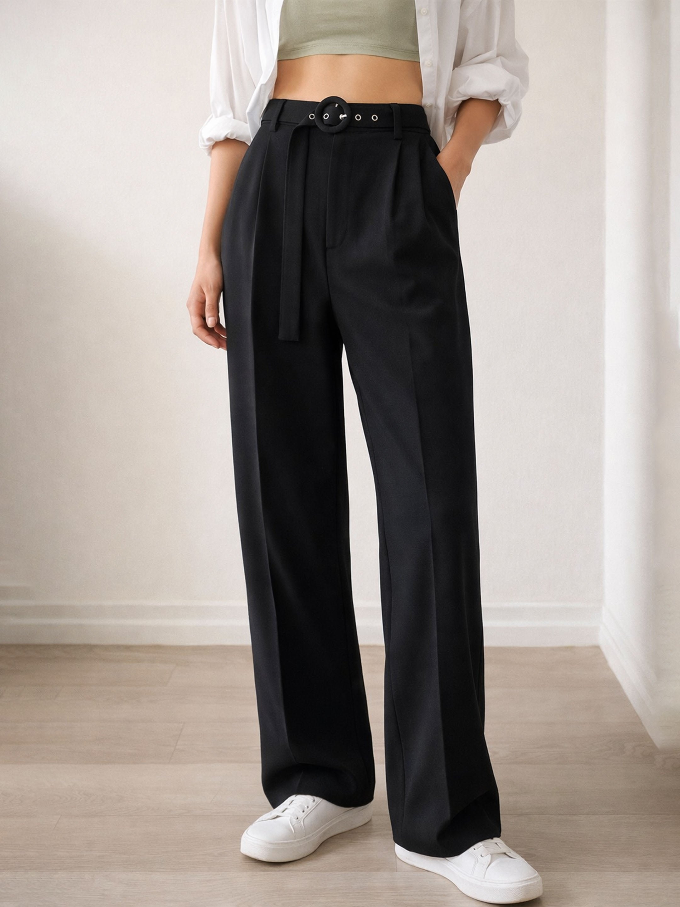 Black Front Pleated Belted Straight Pants