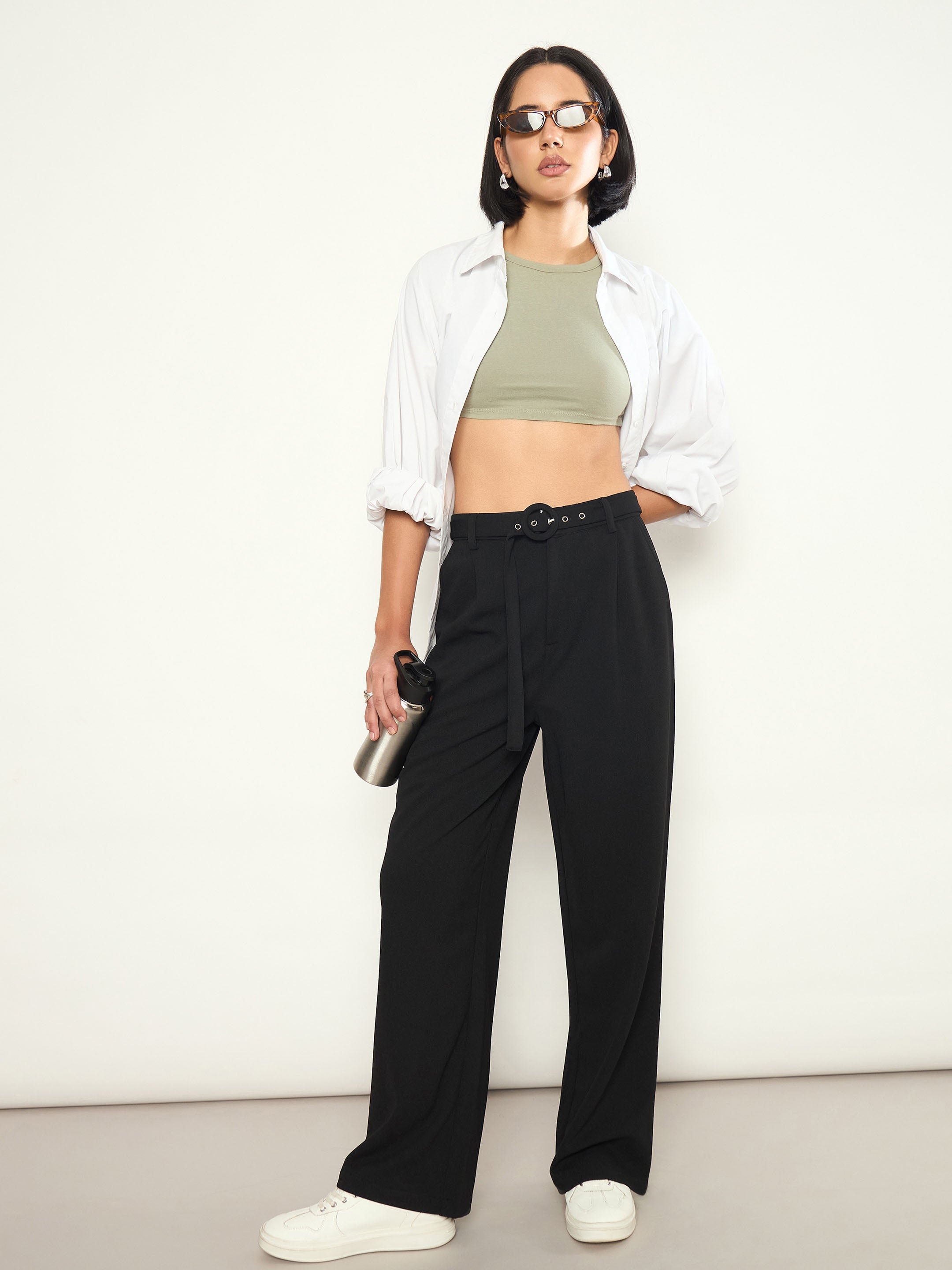 Black Front Pleated Belted Straight Pants