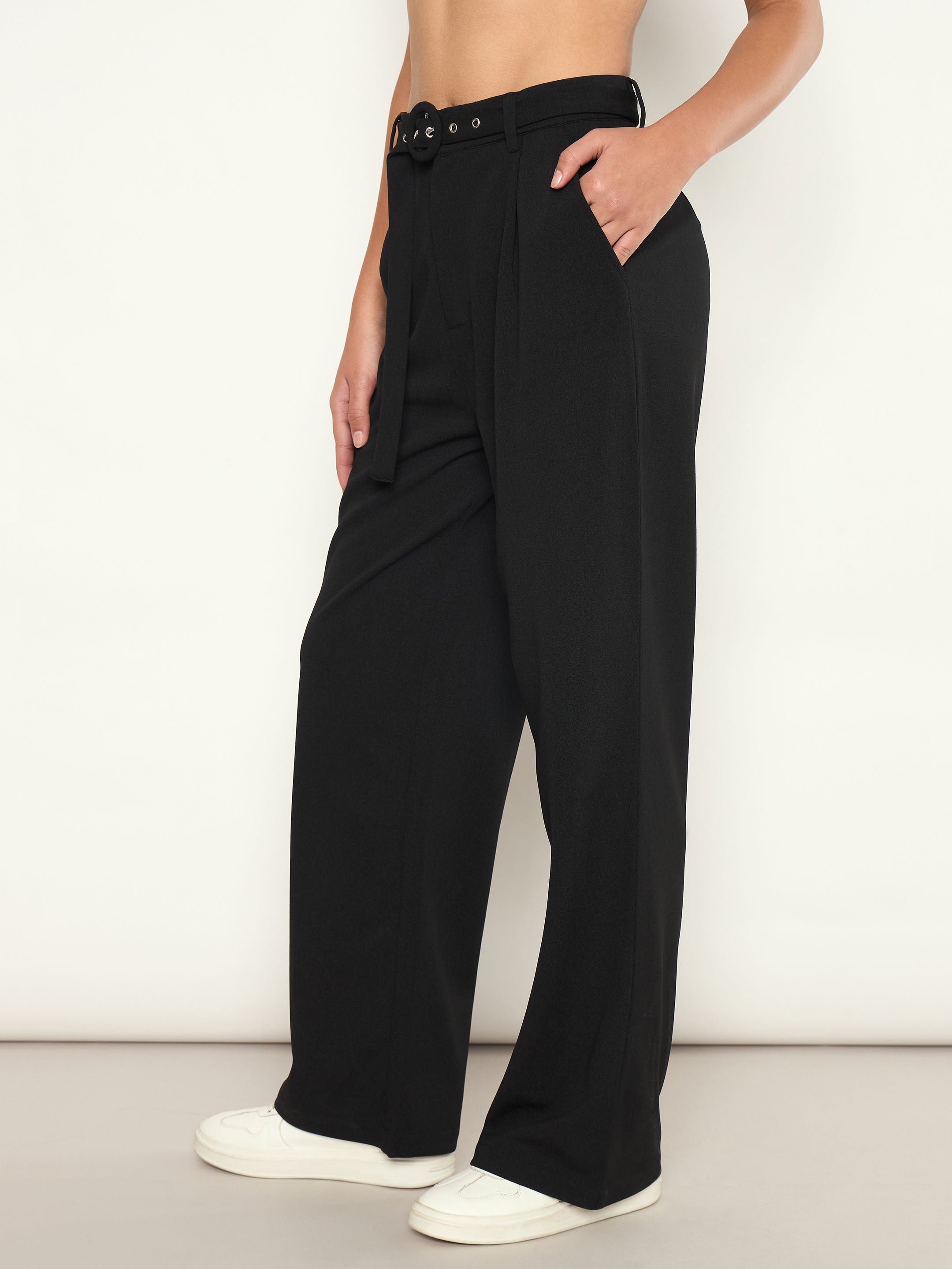 Black Front Pleated Belted Straight Pants