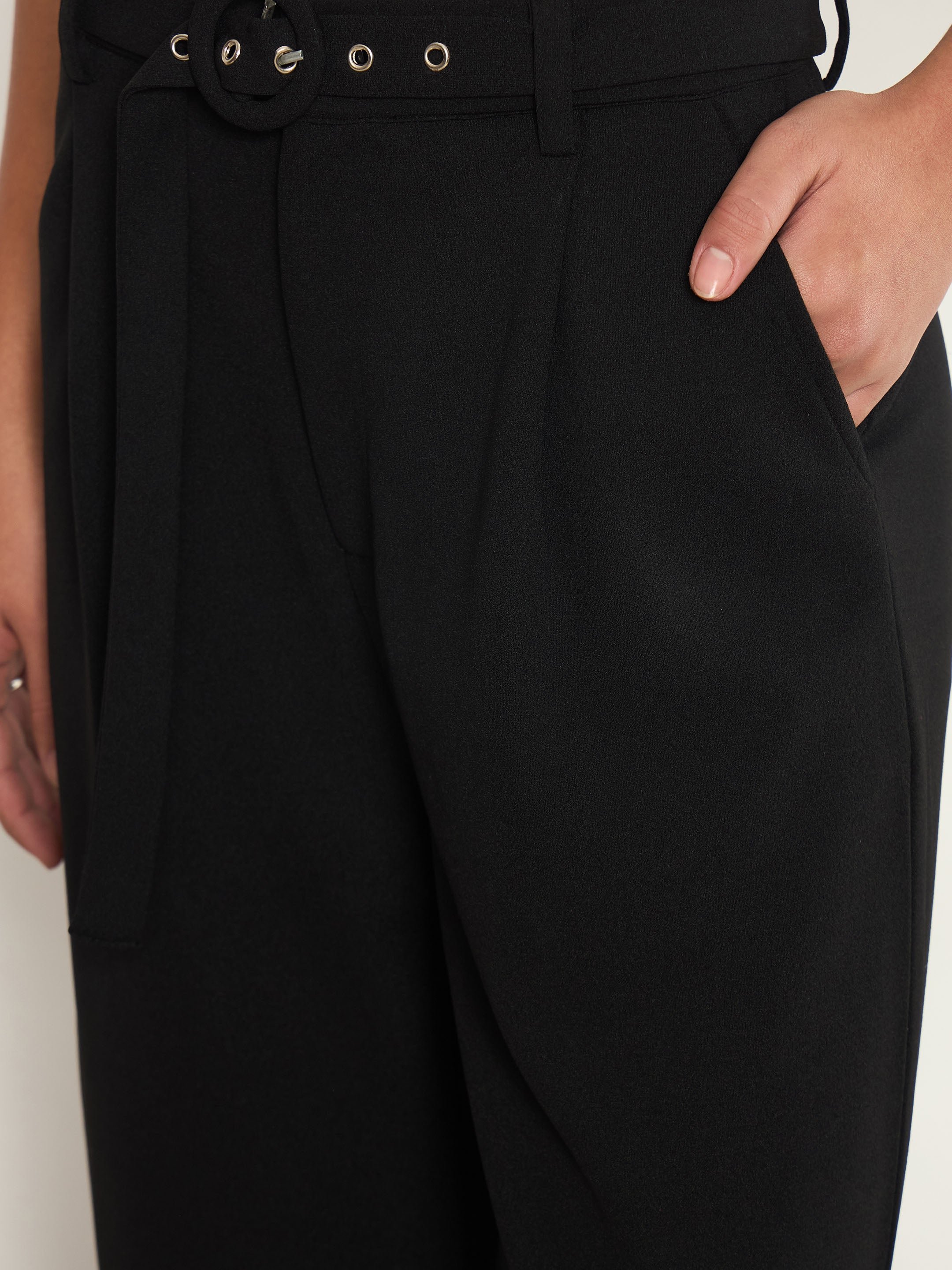 Black Front Pleated Belted Straight Pants
