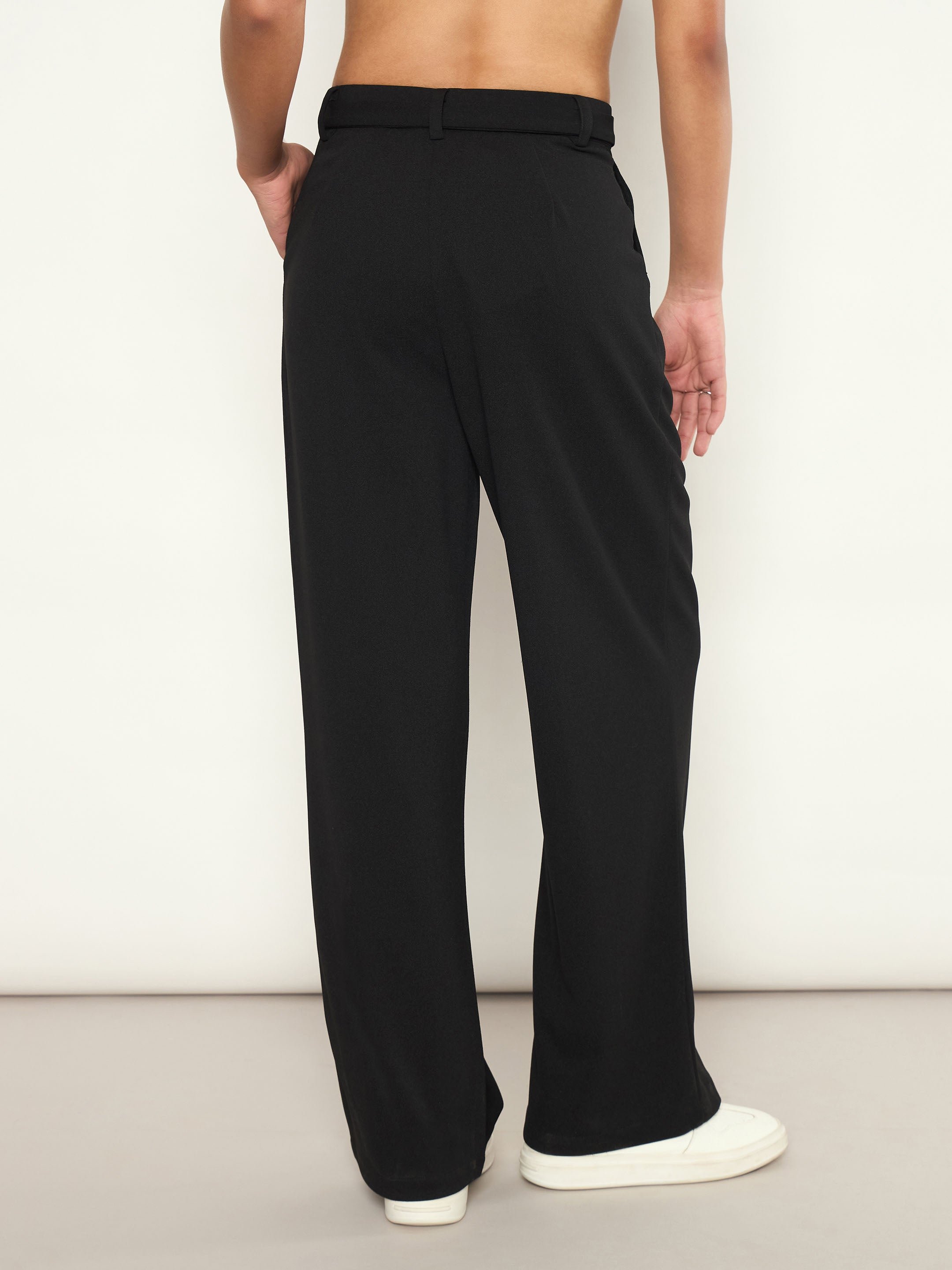Black Front Pleated Belted Straight Pants
