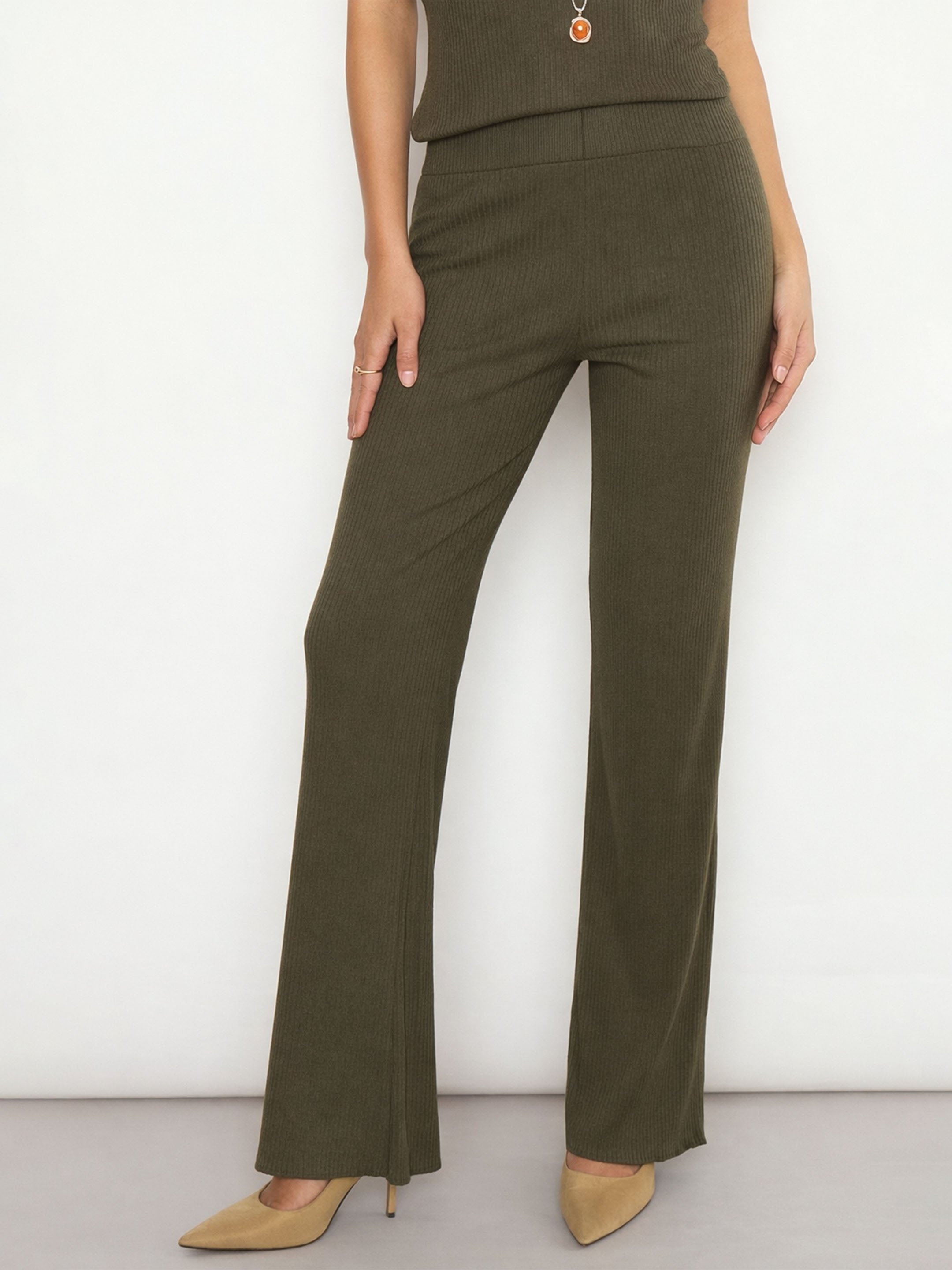 Olive Ribbed Straight Leg Pants