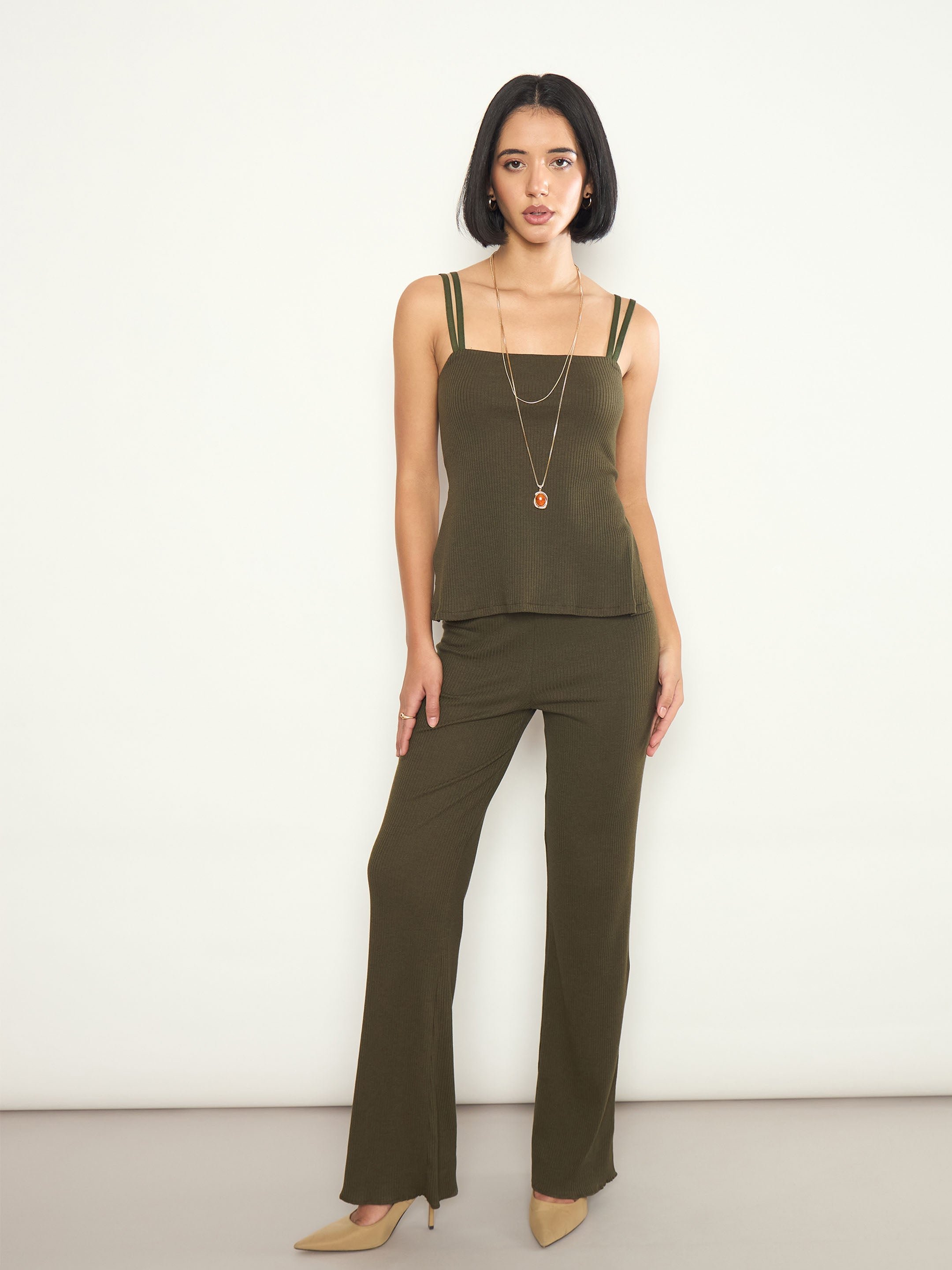 Olive Ribbed Straight Leg Pants