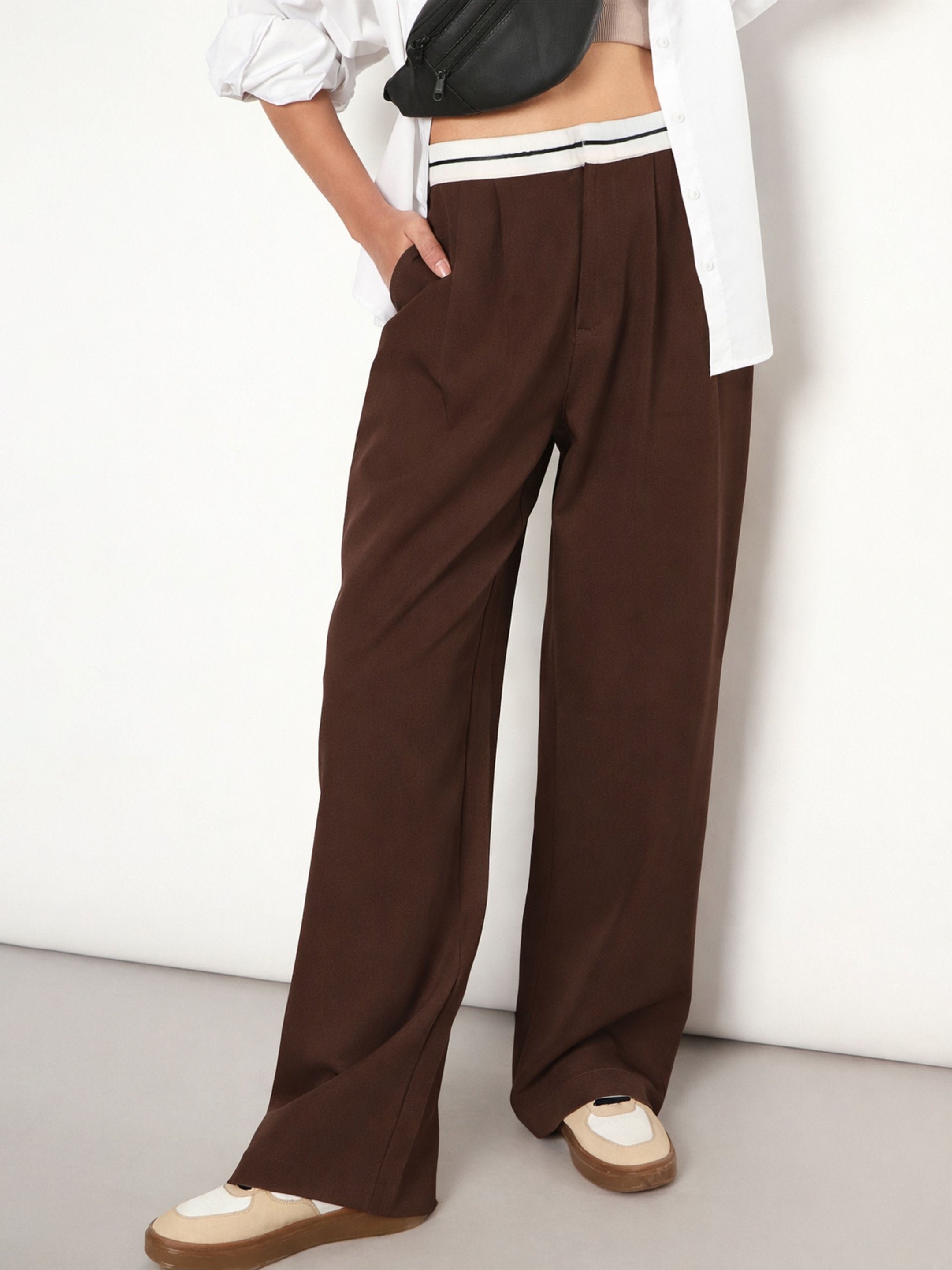 Brown Front Pleated Wide Leg Korean Pants