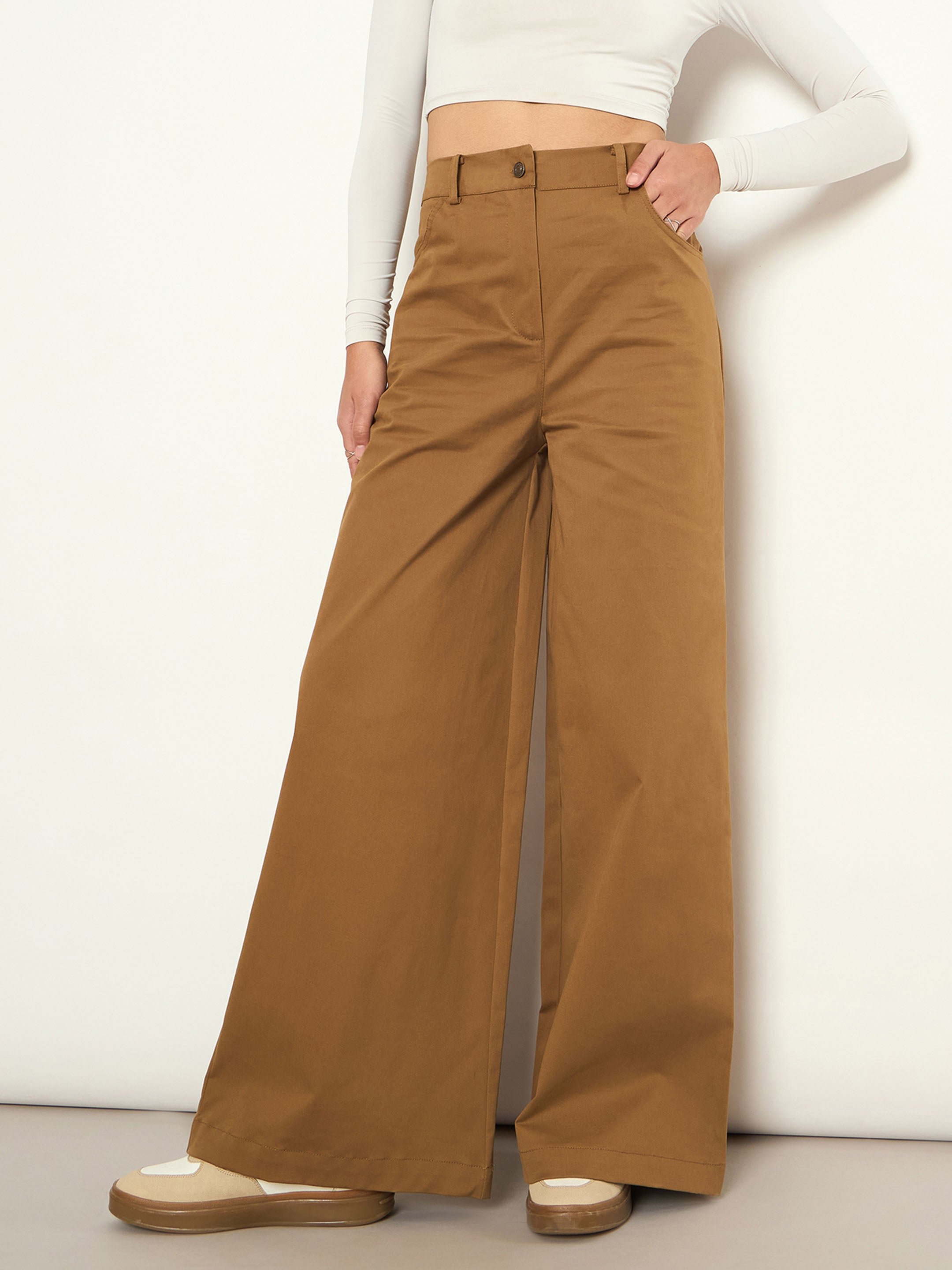 Brown Twill Wide Leg Cotton Pants
