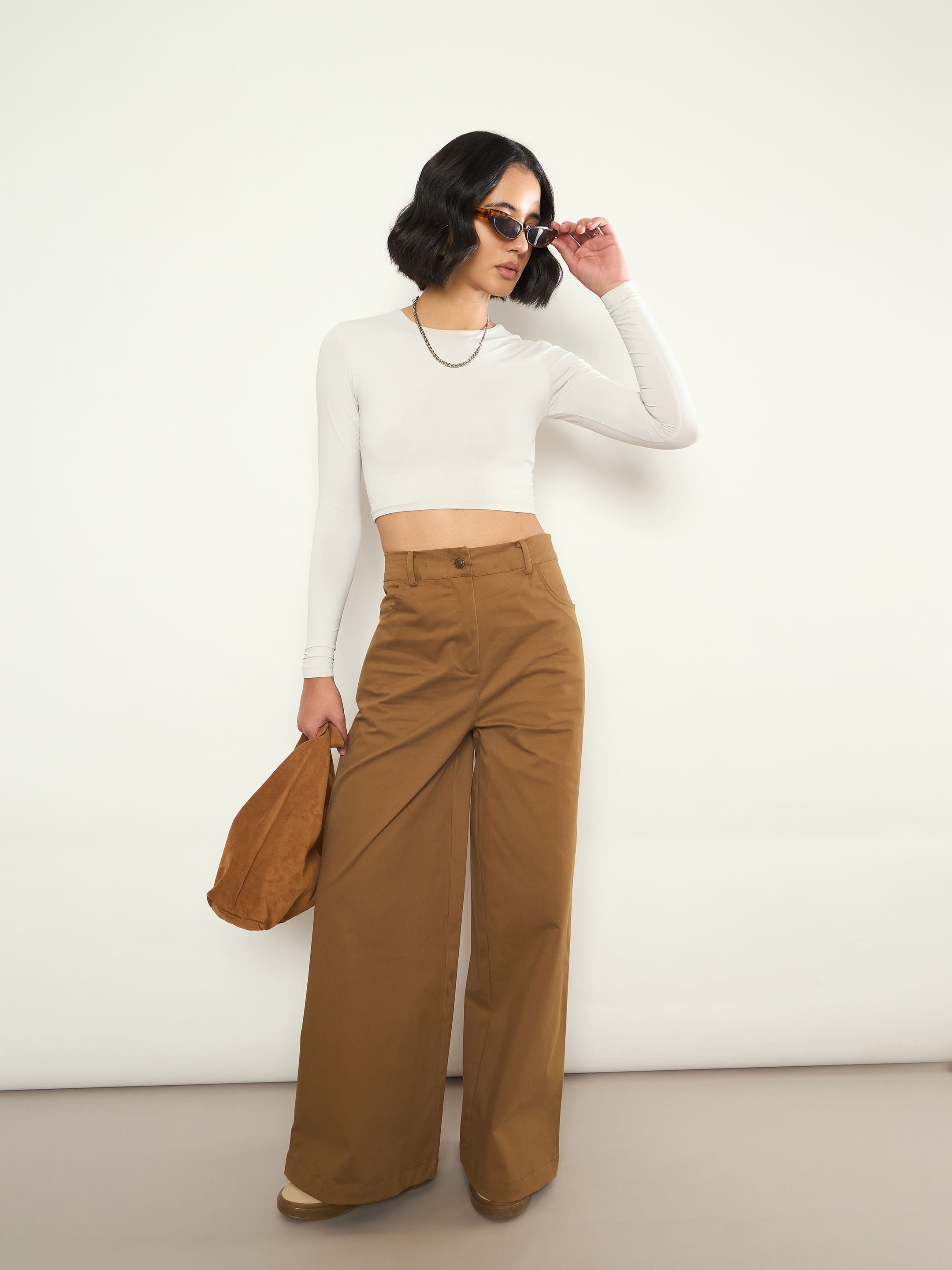 Brown Twill Wide Leg Cotton Pants