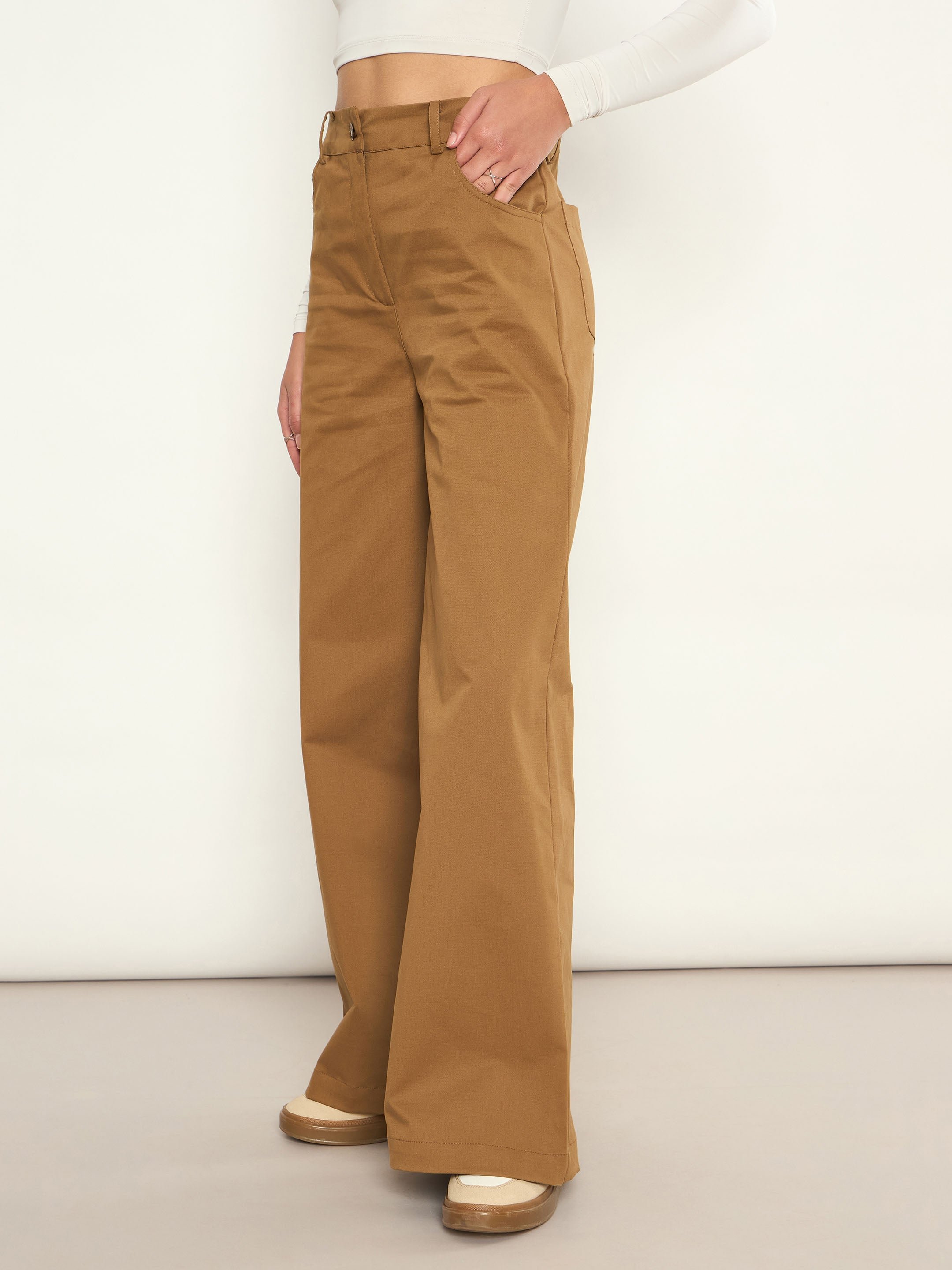 Brown Twill Wide Leg Cotton Pants