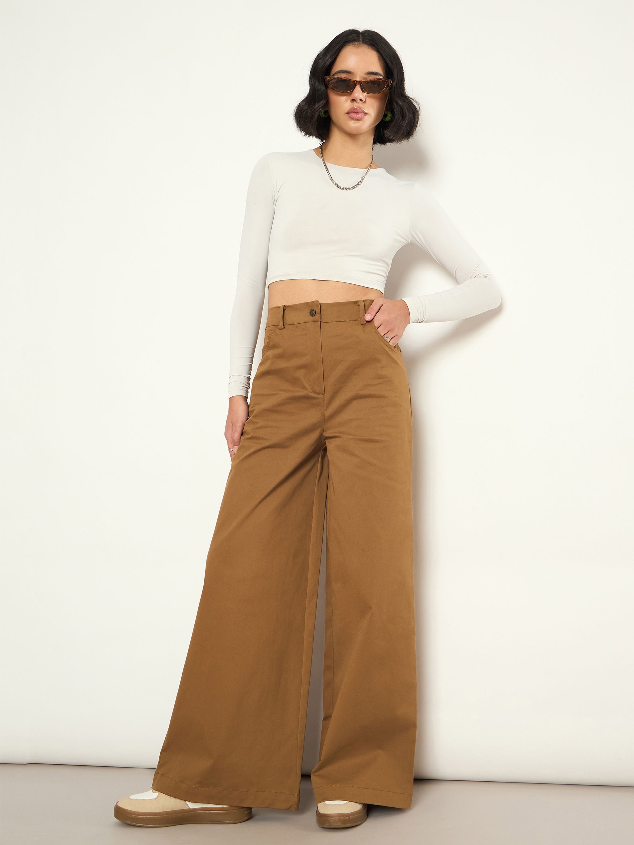 Brown Twill Wide Leg Cotton Pants
