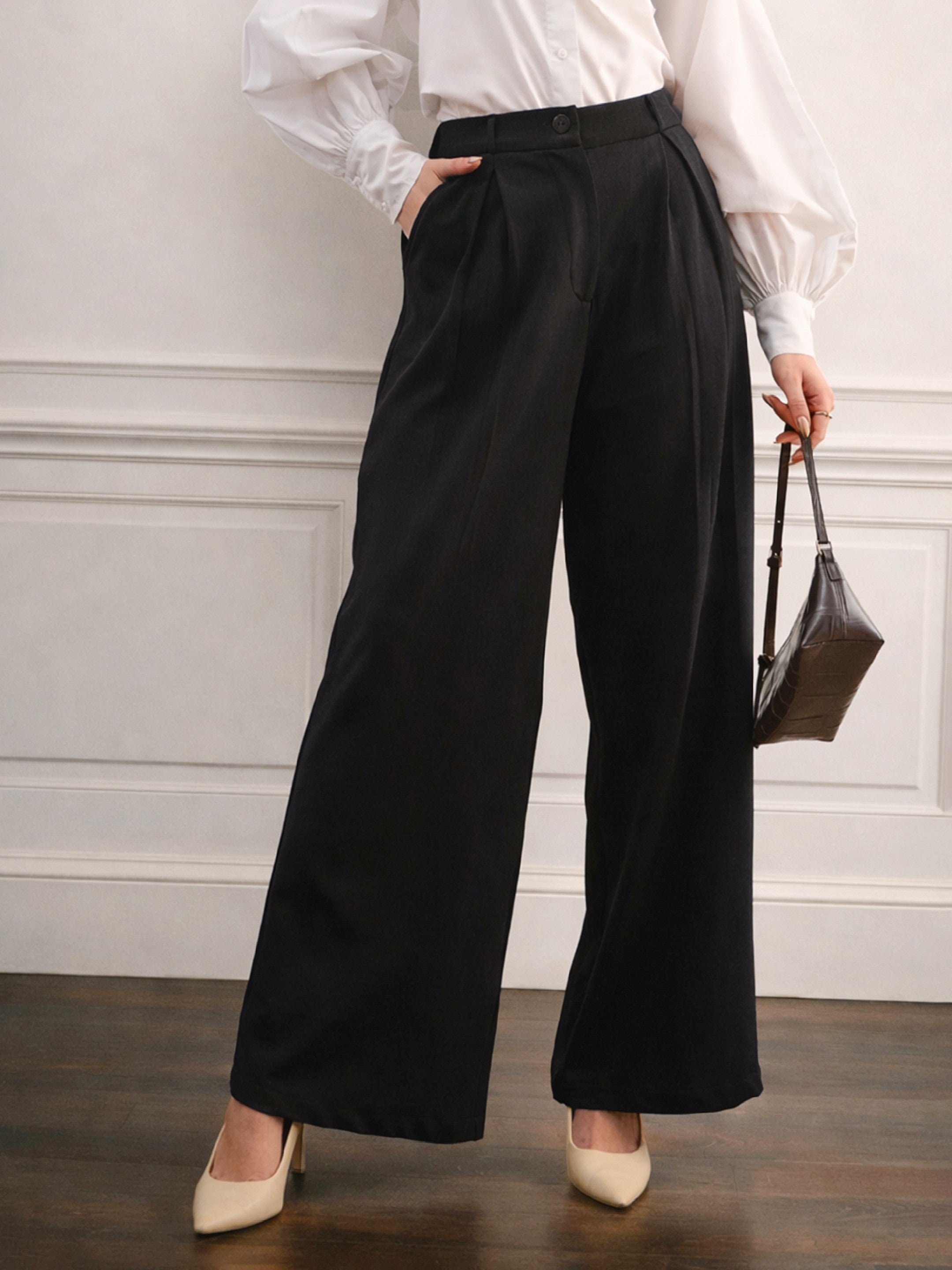Black Wide-Leg Pleated Trousers