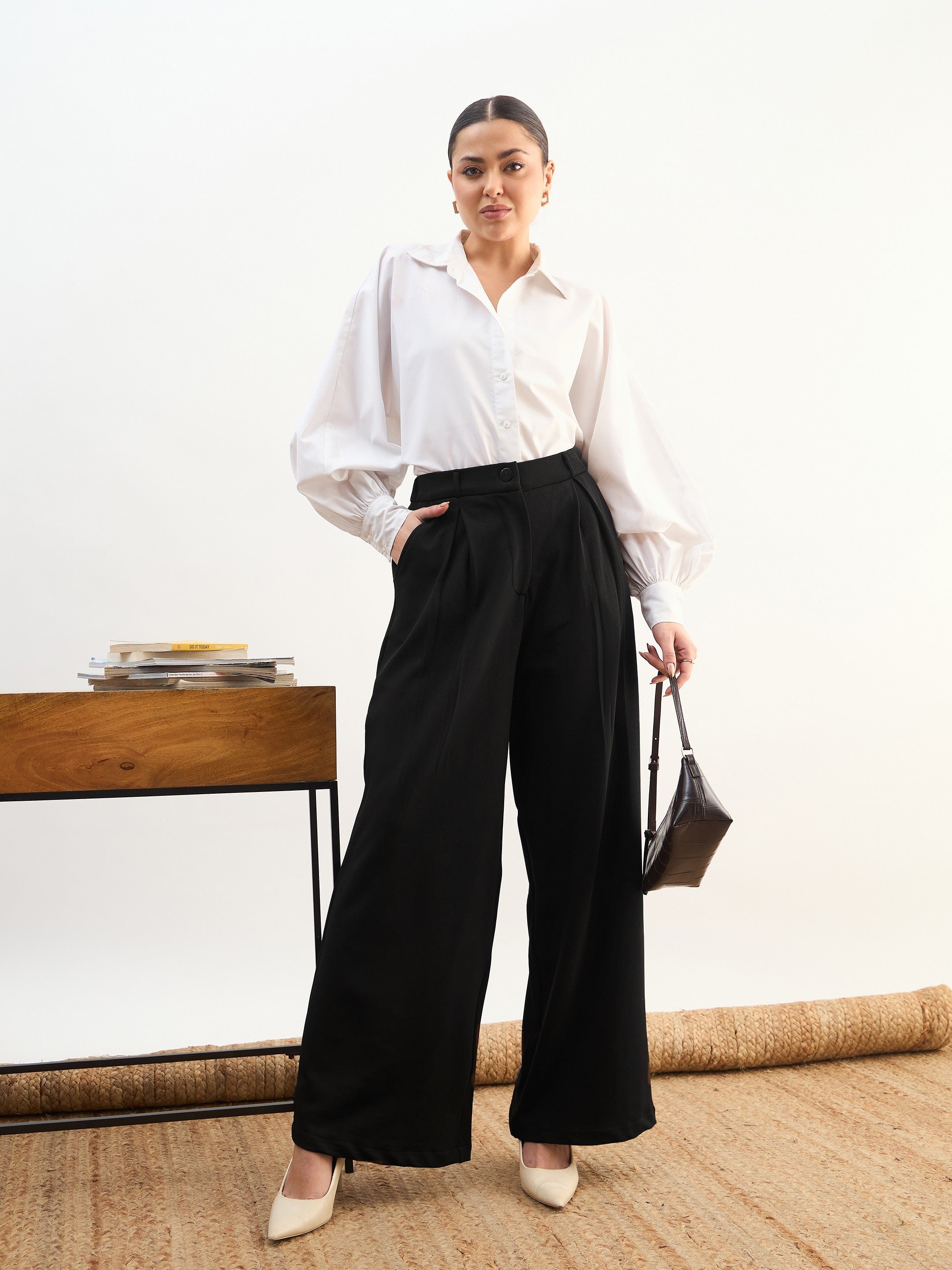 Black Wide-Leg Pleated Trousers