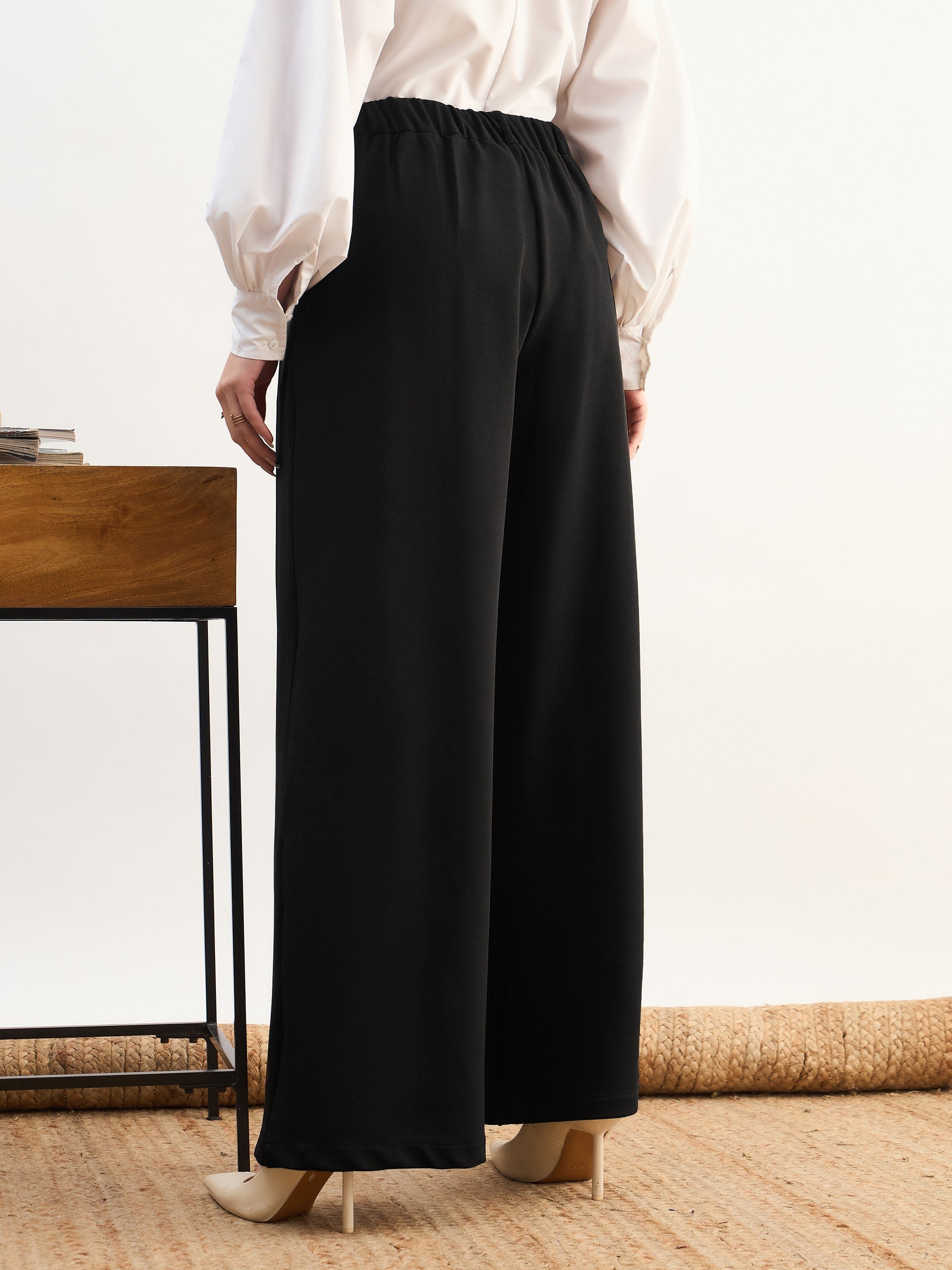 Black Wide-Leg Pleated Trousers