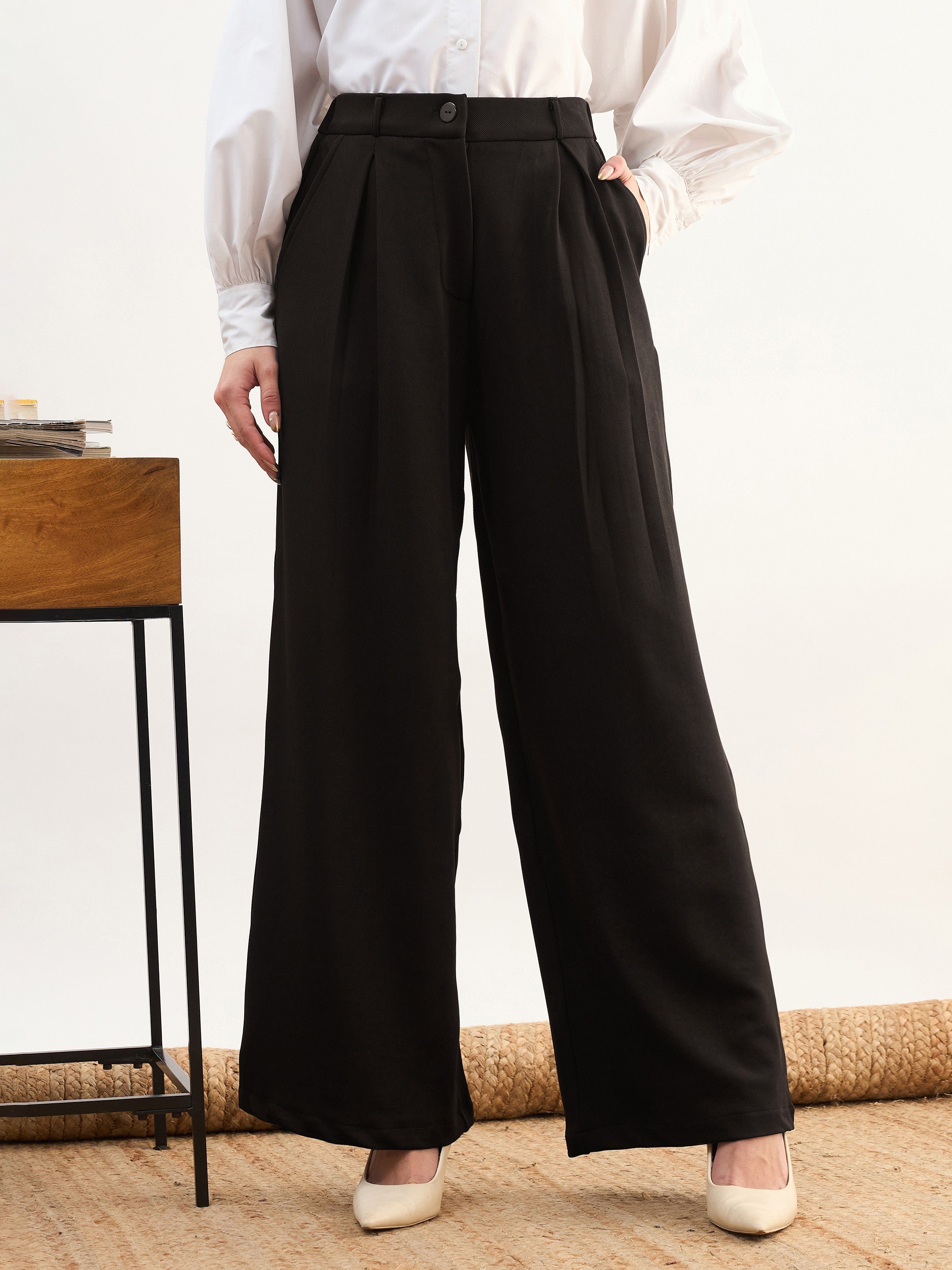 Black Wide-Leg Pleated Trousers