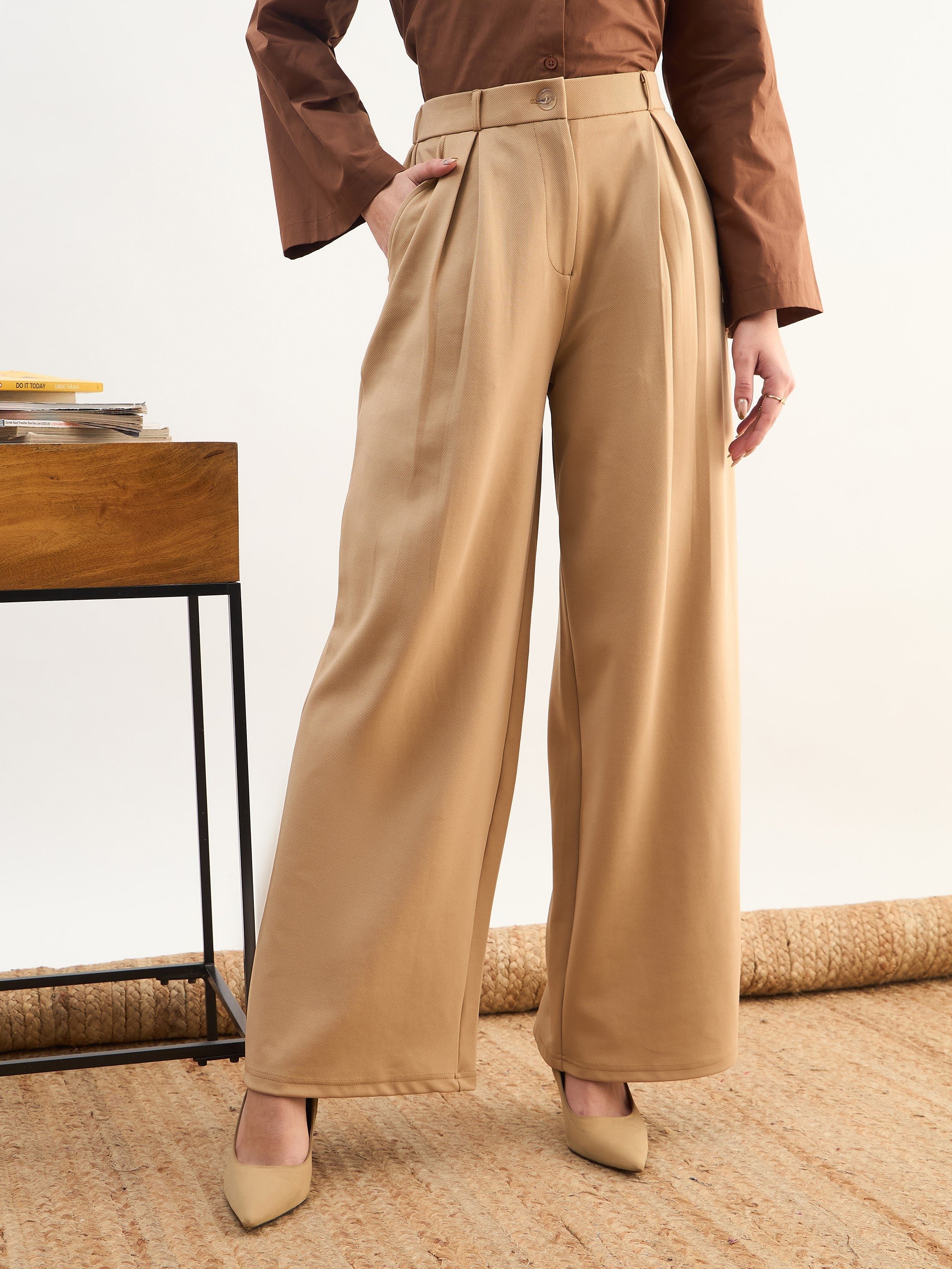Beige Wide-Leg Pleated Trousers
