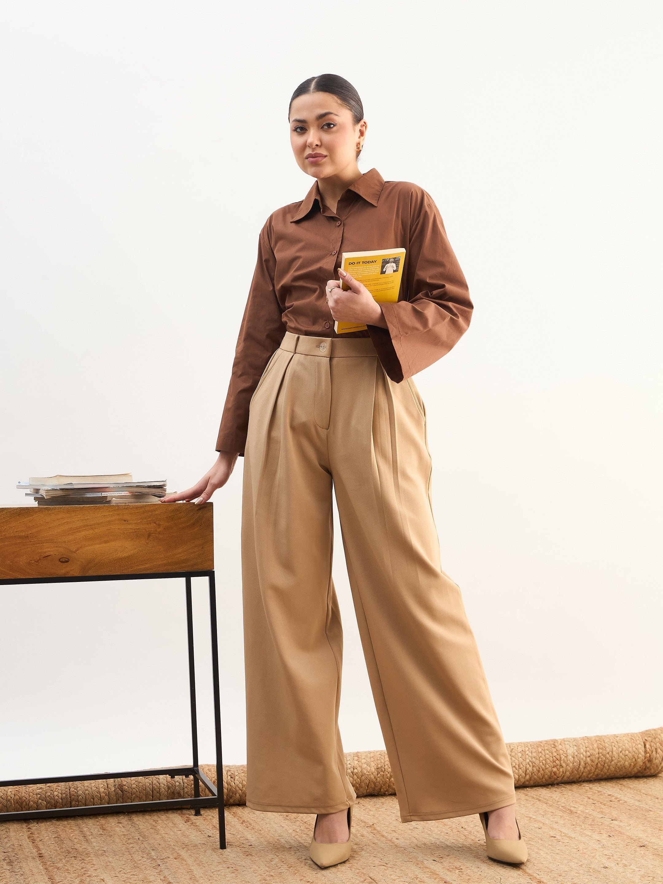 Beige Wide-Leg Pleated Trousers