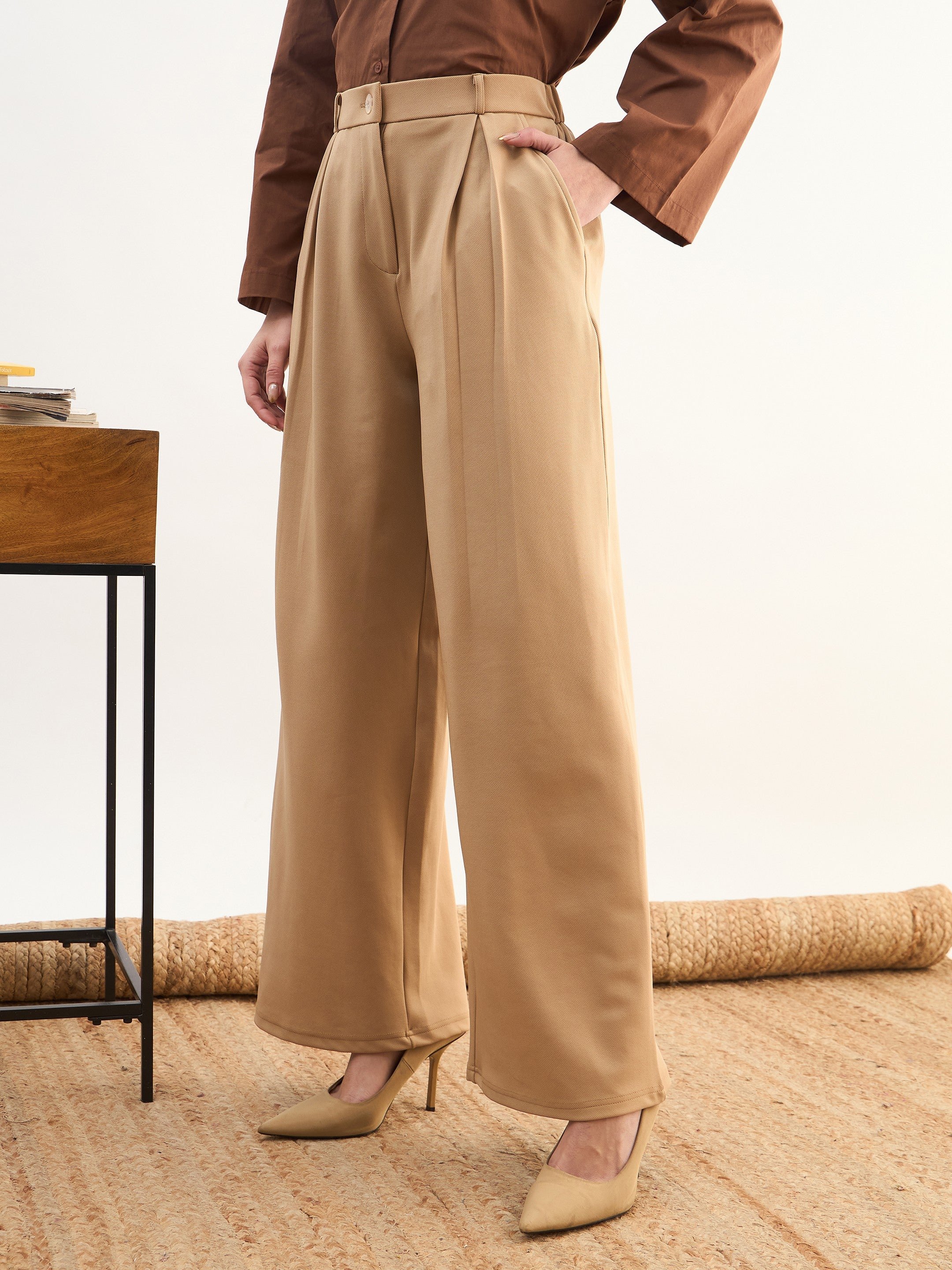 Beige Wide-Leg Pleated Trousers