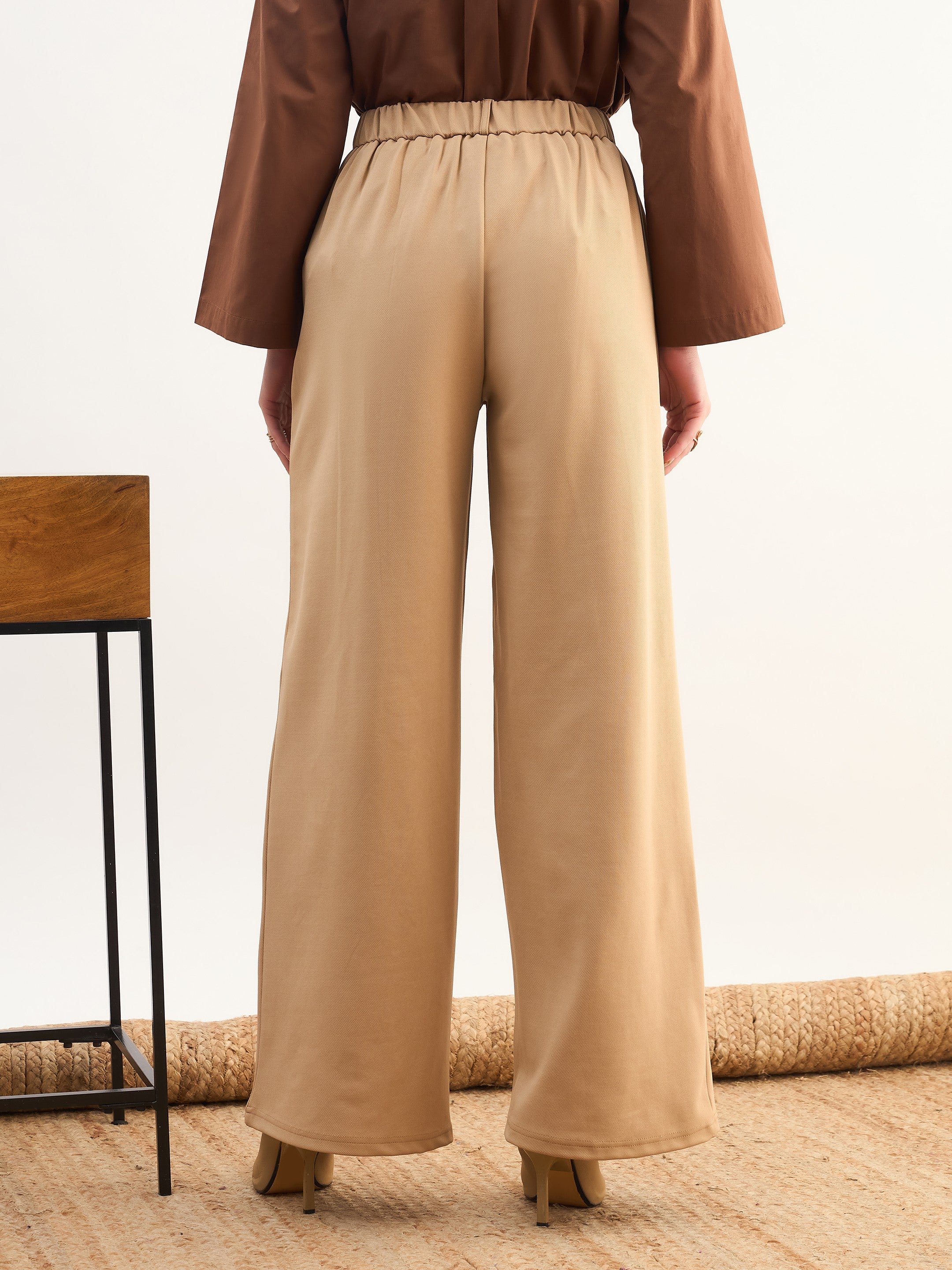 Beige Wide-Leg Pleated Trousers