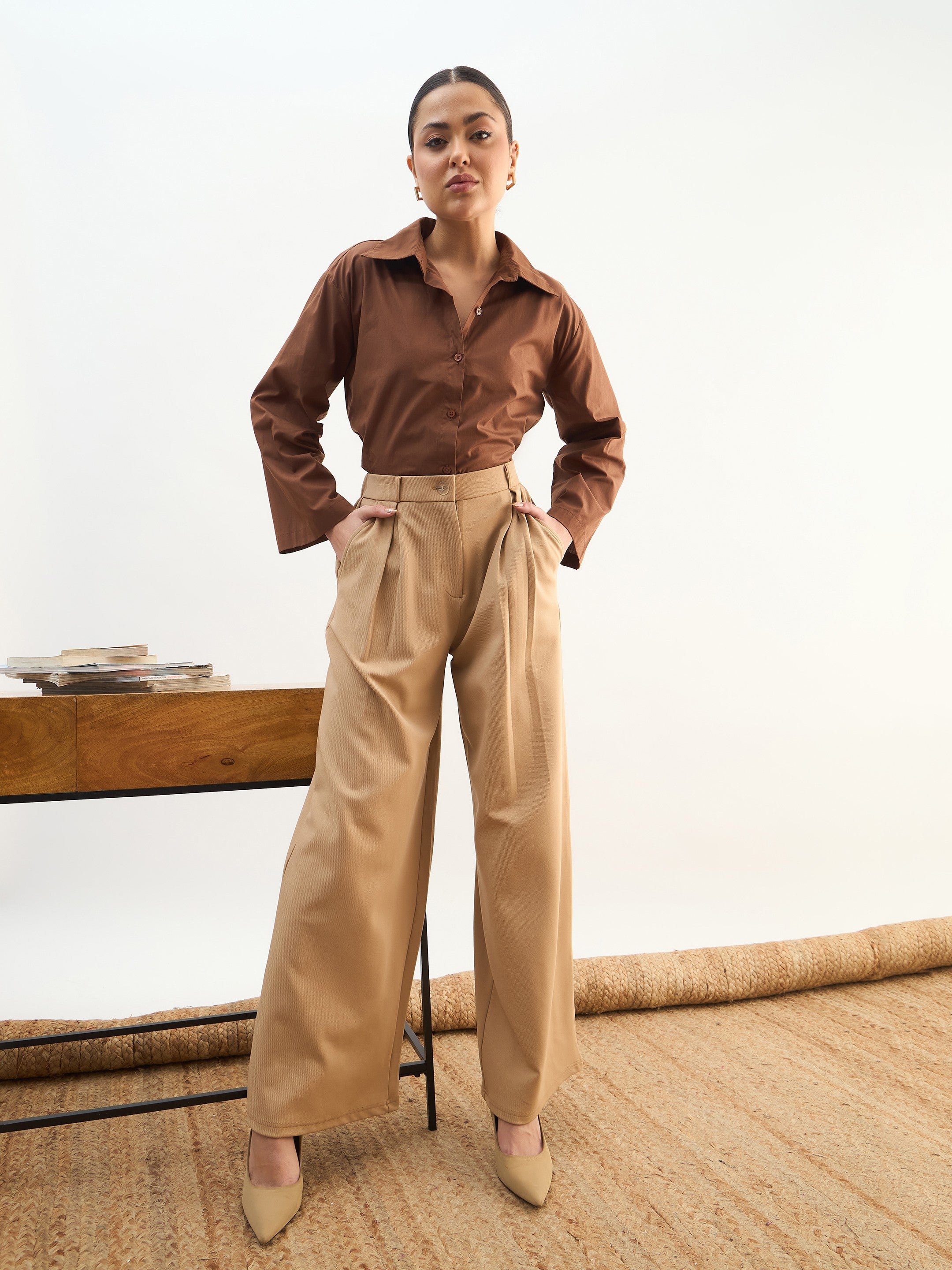 Beige Wide-Leg Pleated Trousers