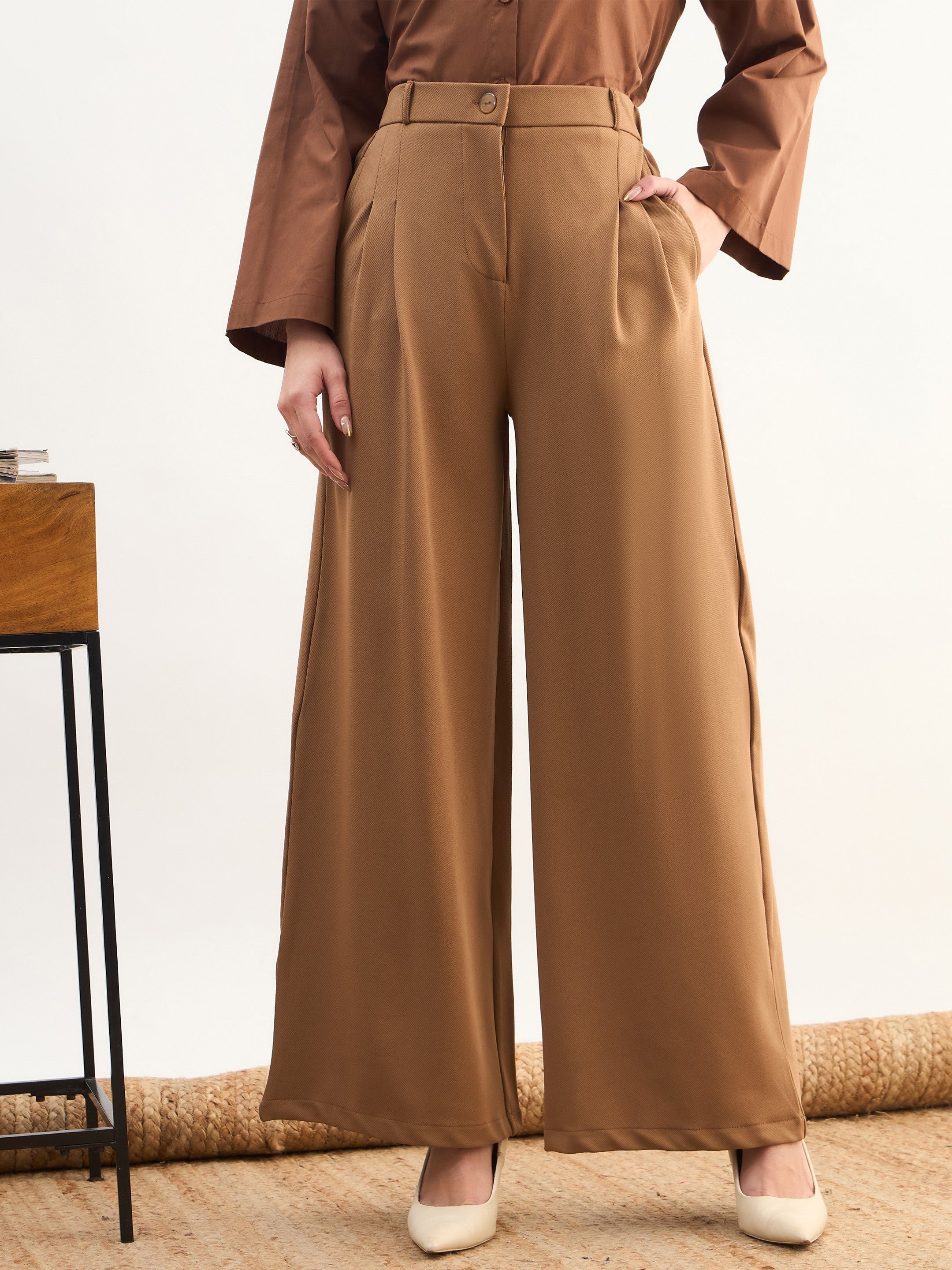 Tan Brown Dual Dart Wide Leg Trousers