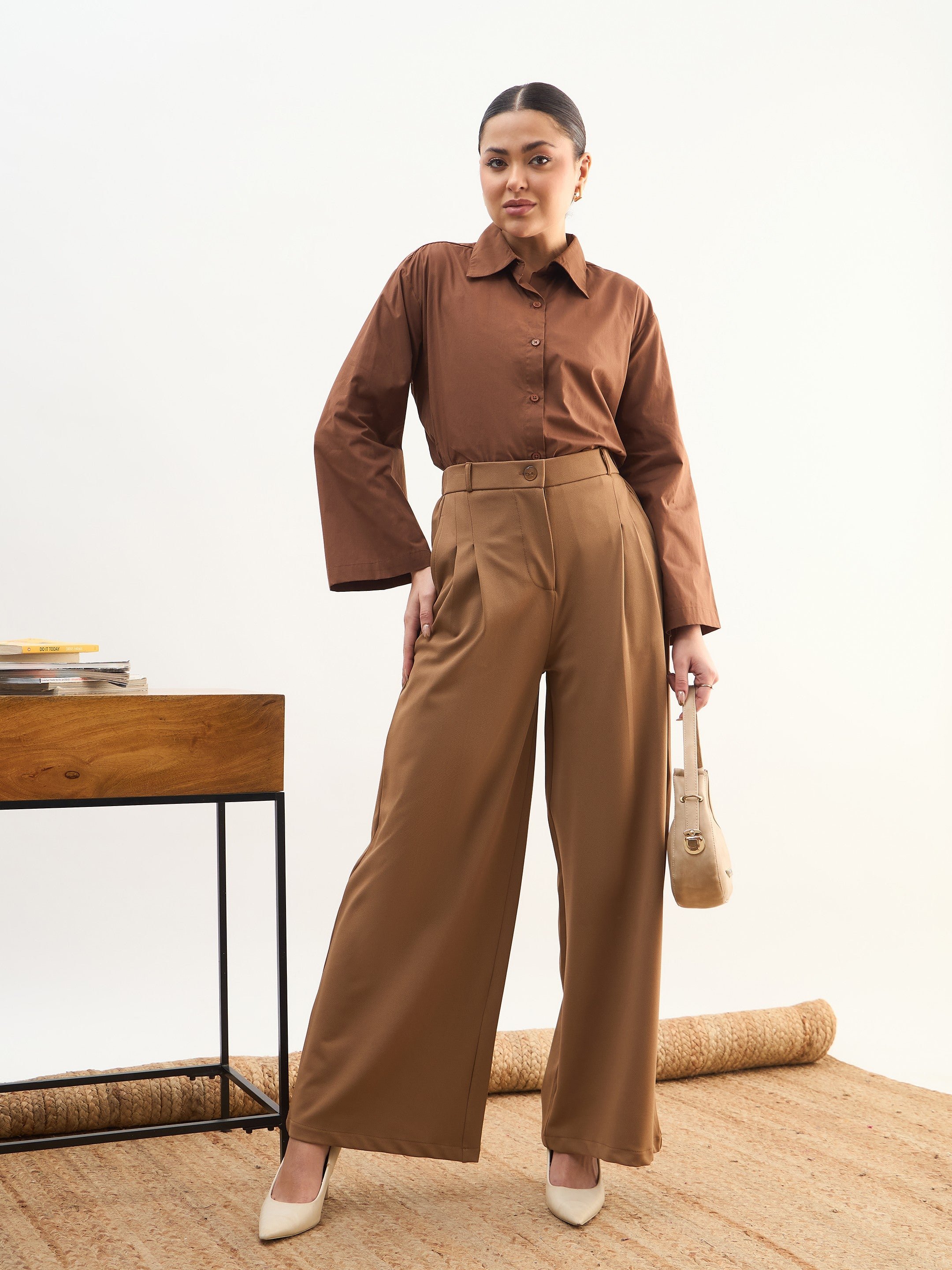 Tan Brown Dual Dart Wide Leg Trousers