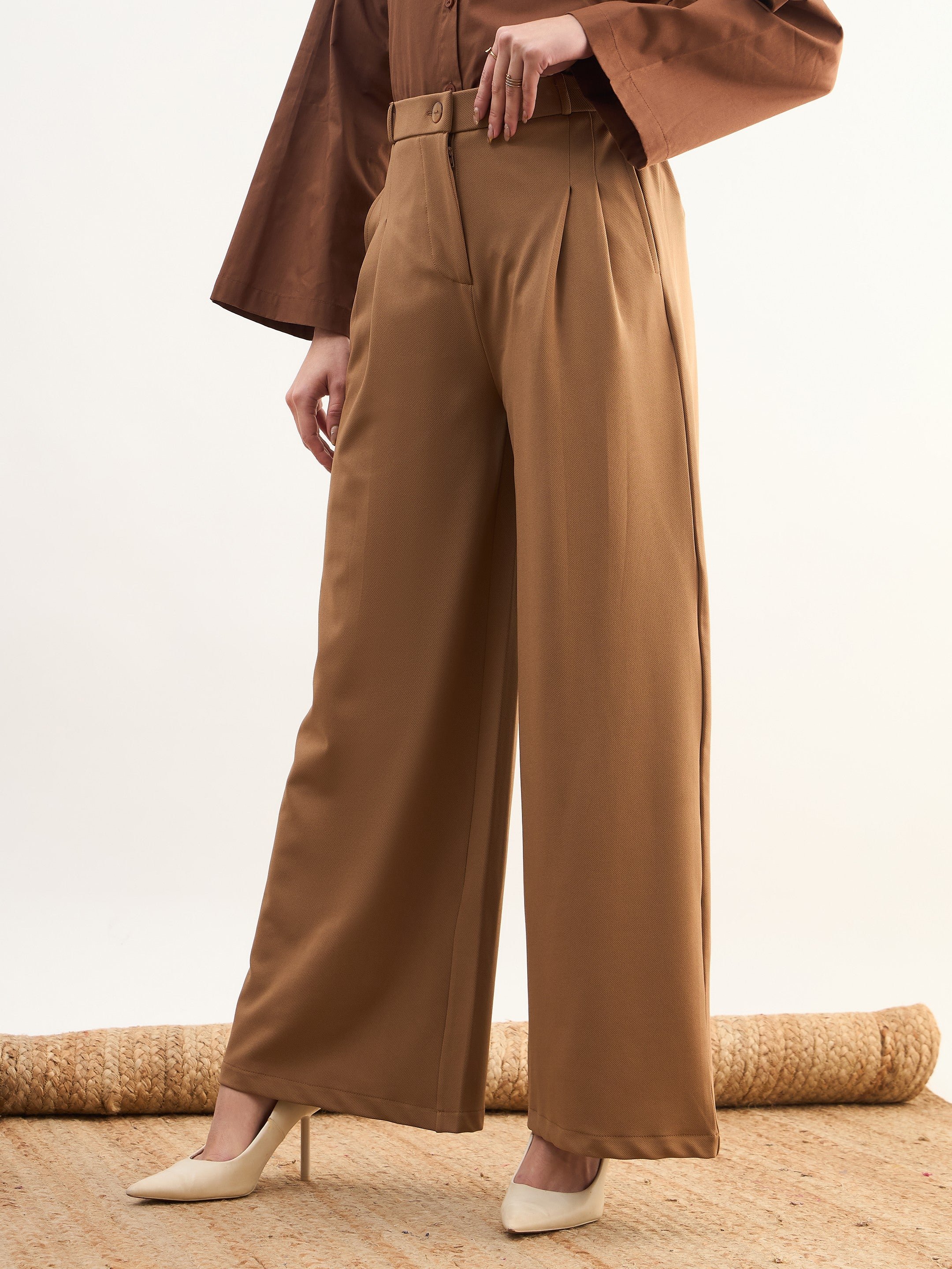 Tan Brown Dual Dart Wide Leg Trousers