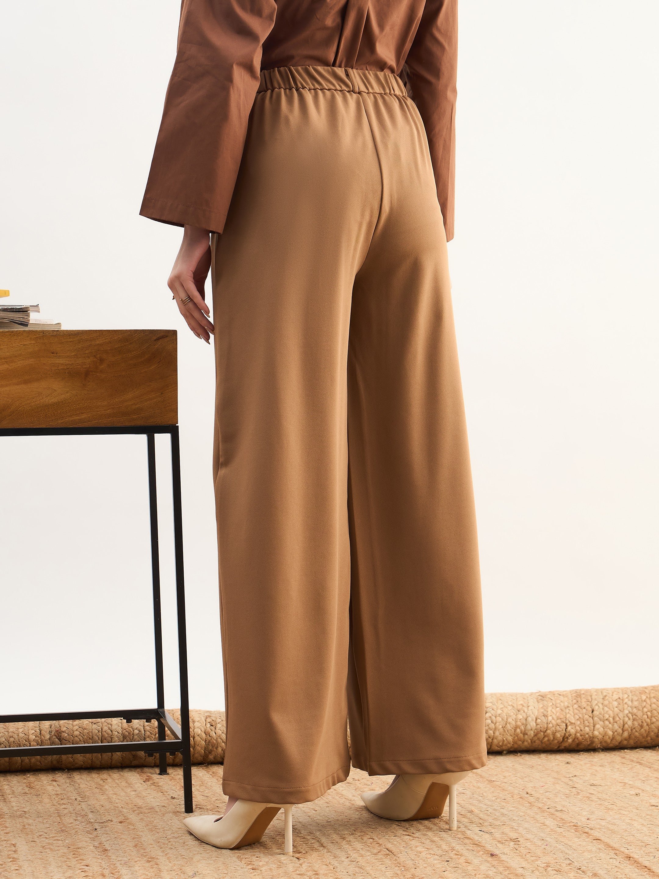 Tan Brown Dual Dart Wide Leg Trousers