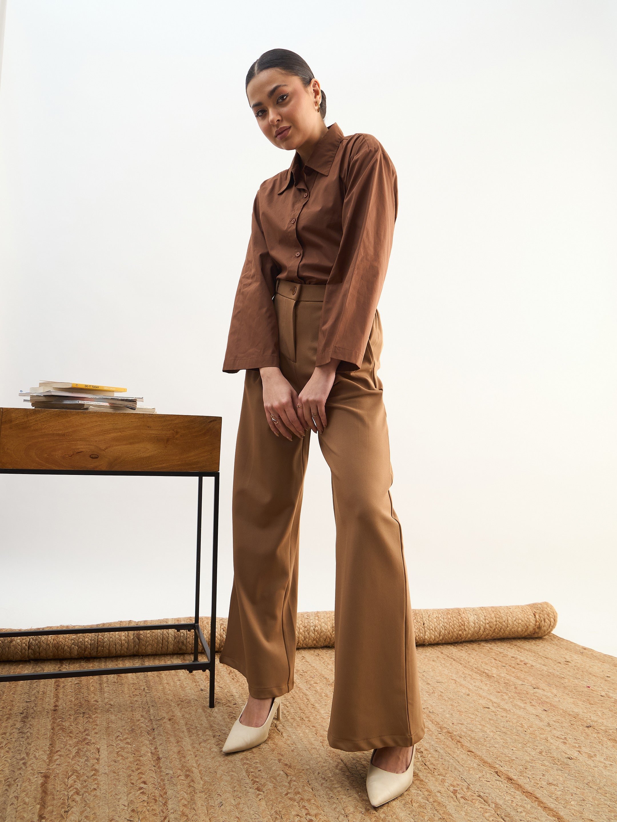 Tan Brown Dual Dart Wide Leg Trousers
