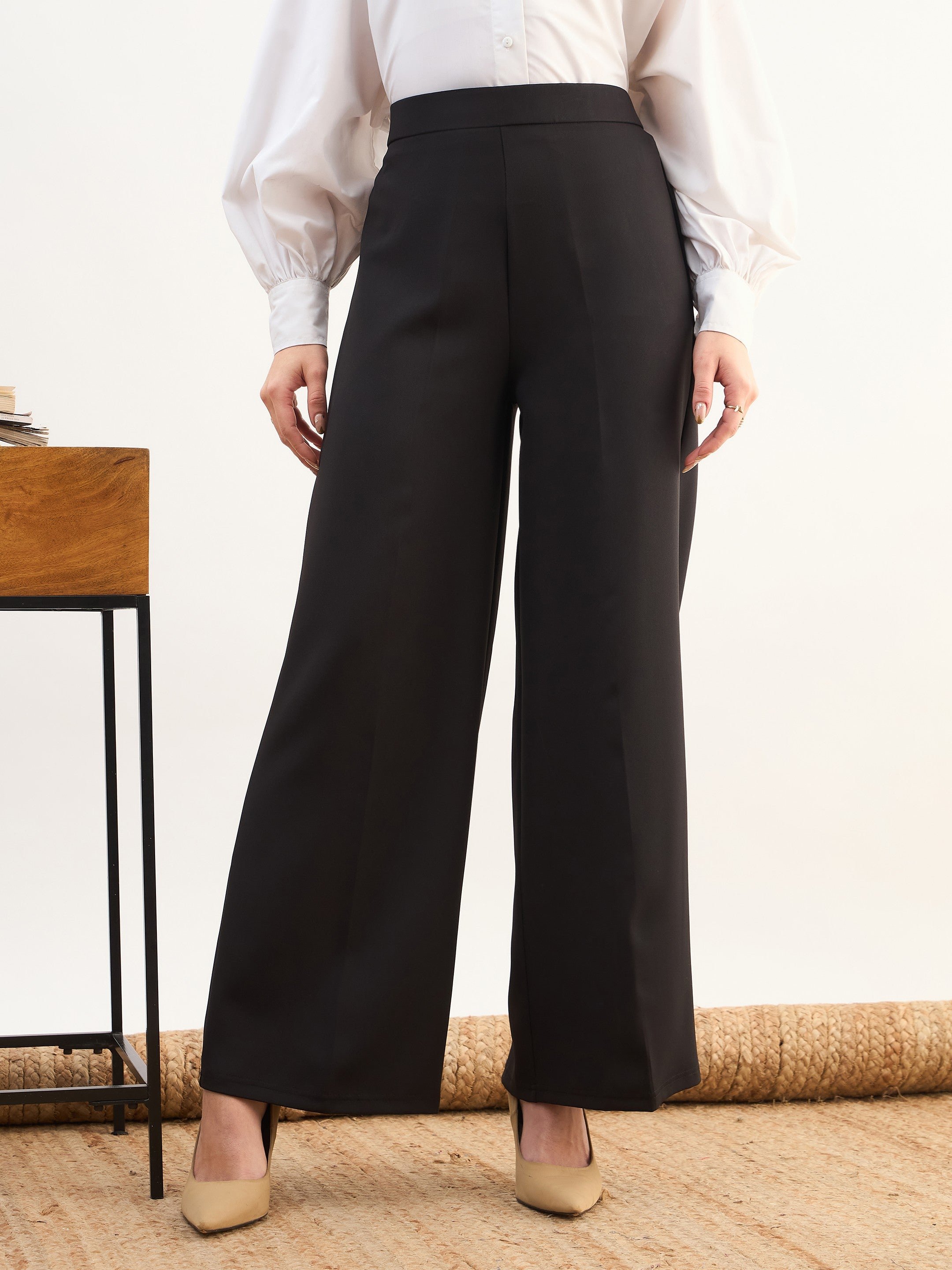 Black Elasticated Waist Wide Leg Trousers