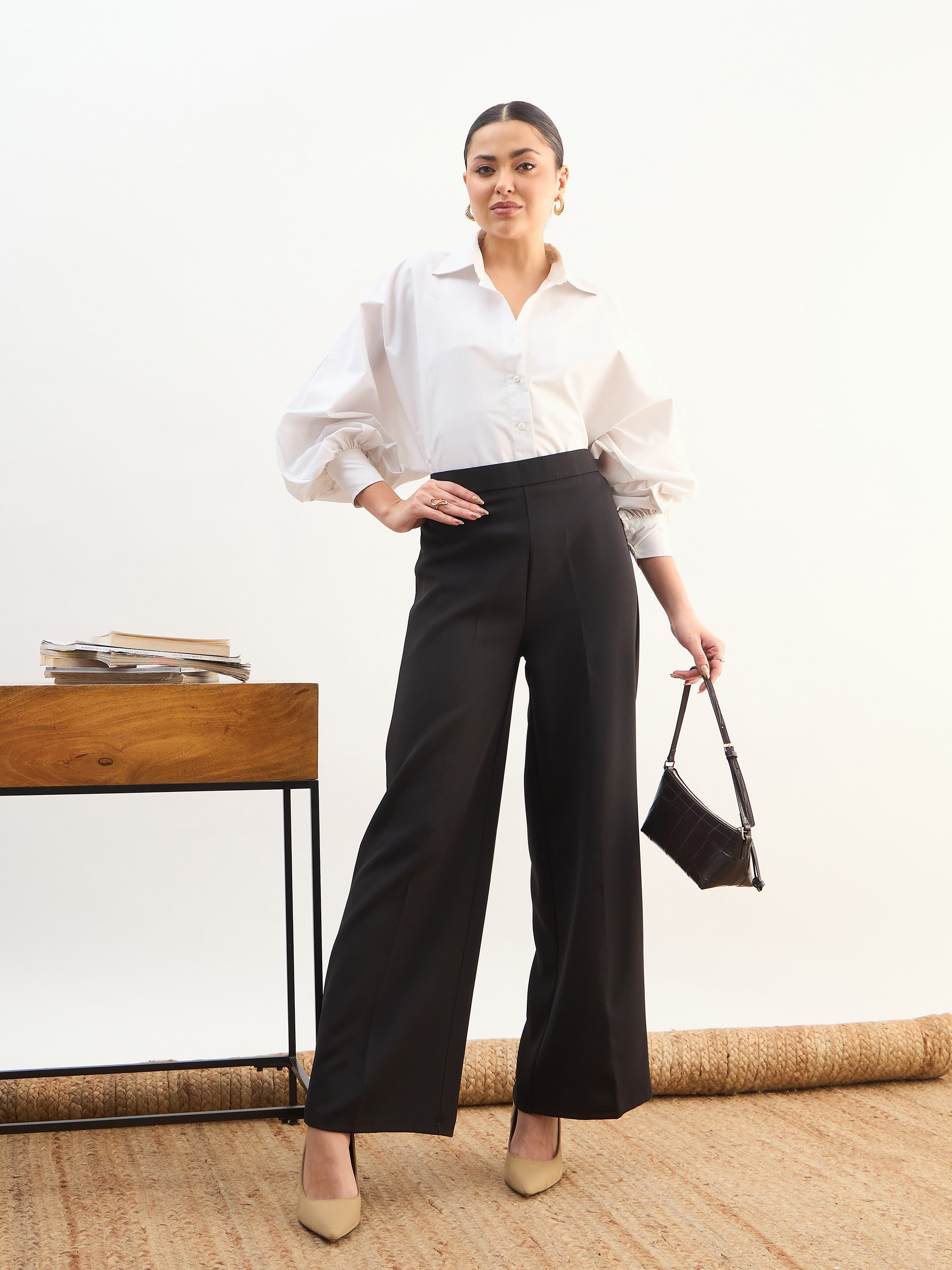 Black Elasticated Waist Wide Leg Trousers