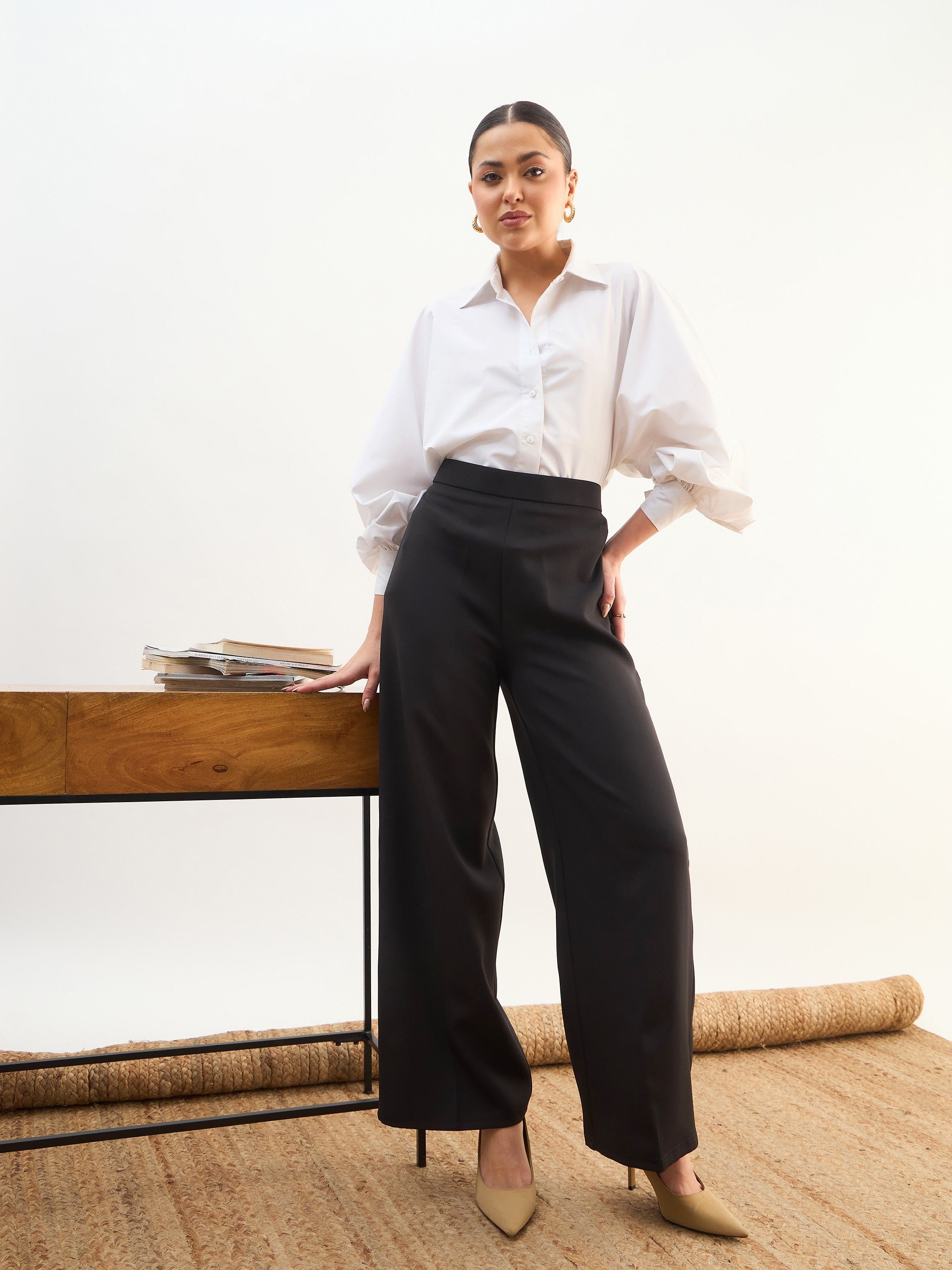 Black Elasticated Waist Wide Leg Trousers