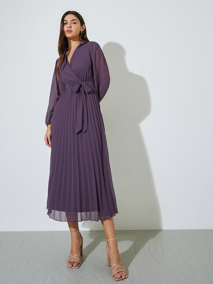 Lilac Solid Tie-Up Waist Pleated Wrap Maxi Dress