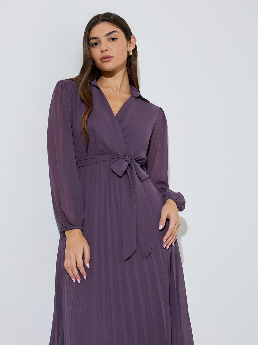 Lilac Solid Tie-Up Waist Pleated Wrap Maxi Dress