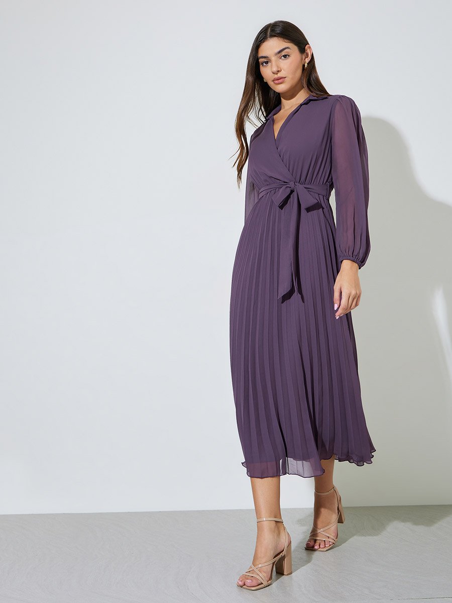 Lilac Solid Tie-Up Waist Pleated Wrap Maxi Dress