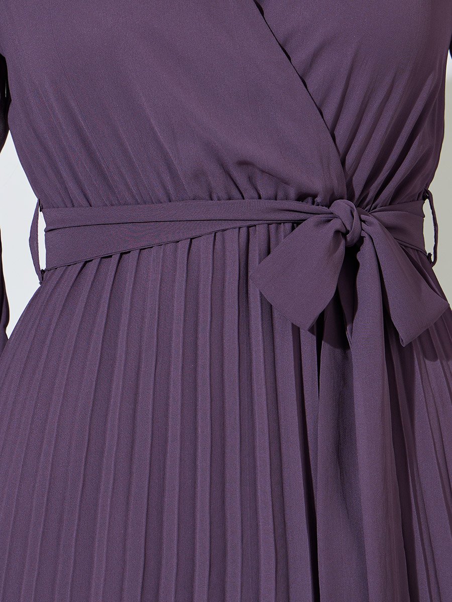 Lilac Solid Tie-Up Waist Pleated Wrap Maxi Dress
