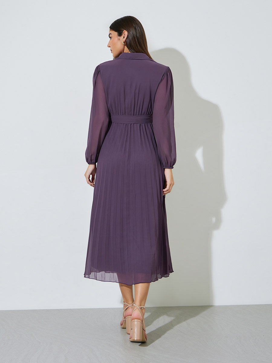 Lilac Solid Tie-Up Waist Pleated Wrap Maxi Dress