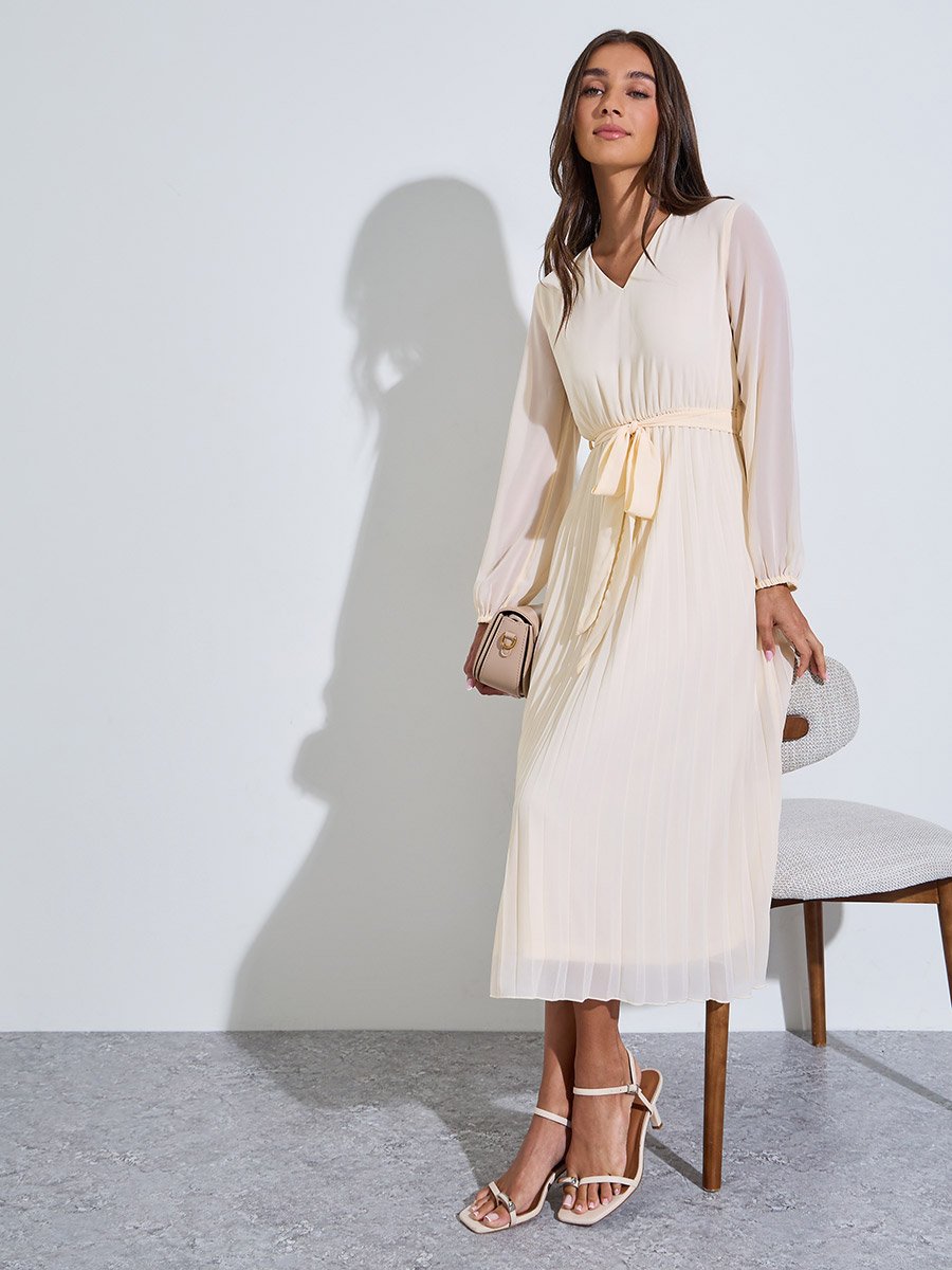 Cream Solid Tie-Up Waist Pleated Details V-Neck A-Line Midi Dress