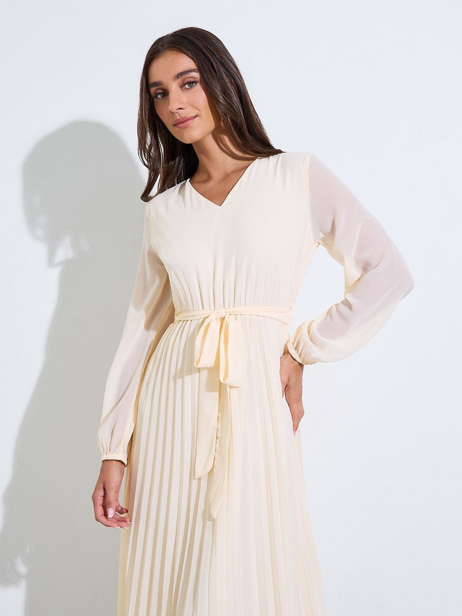 Cream Solid Tie-Up Waist Pleated Details V-Neck A-Line Midi Dress