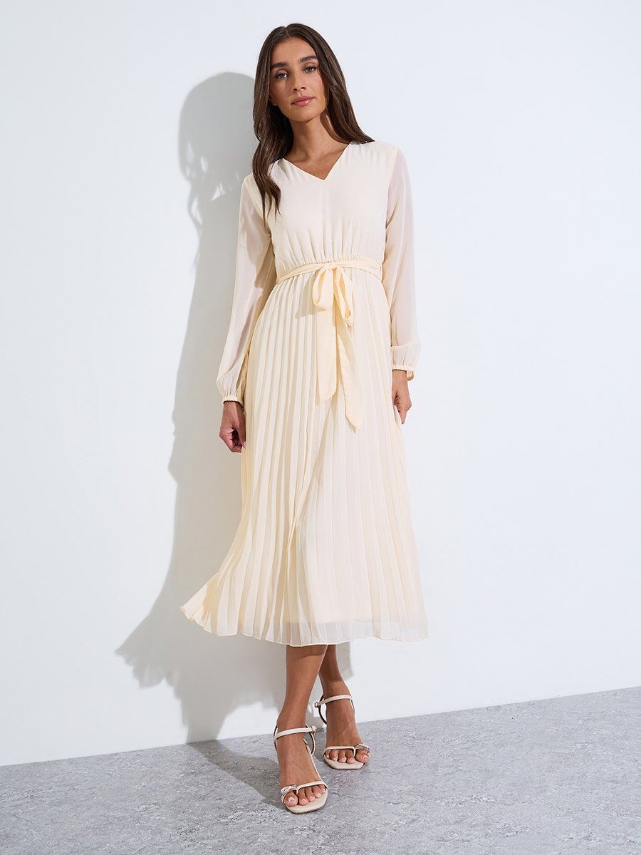 Cream Solid Tie-Up Waist Pleated Details V-Neck A-Line Midi Dress