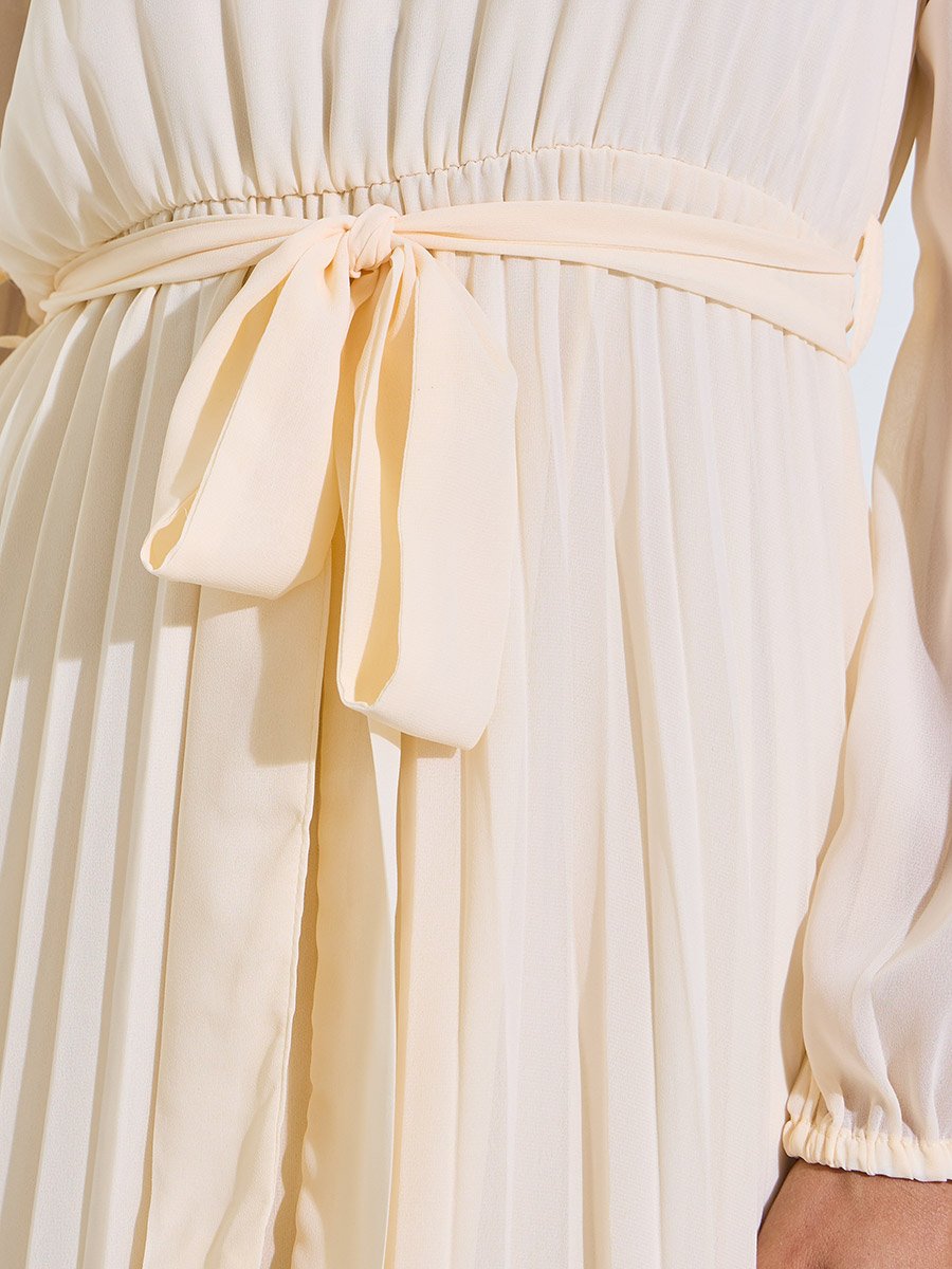 Cream Solid Tie-Up Waist Pleated Details V-Neck A-Line Midi Dress