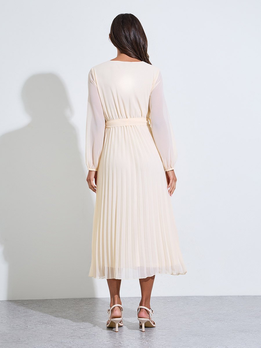 Cream Solid Tie-Up Waist Pleated Details V-Neck A-Line Midi Dress